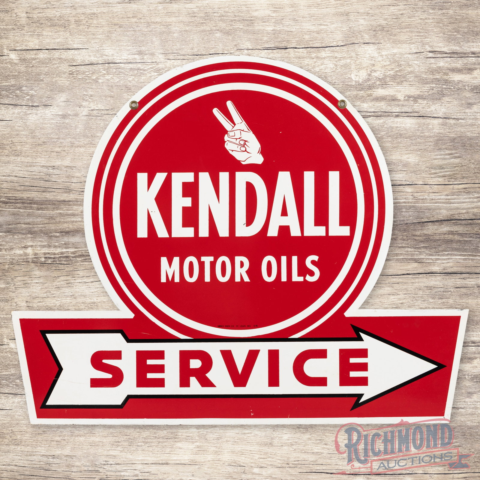 Kendall Motor Oils Die Cut Double Sided Tin Sign w/ Service Arrow: DST (double sided tin) die cut sign has excellent color and shine. The display has small paint chips and fine scratches in the lower fields. The perimeter has minor wear. The reverse has additional we