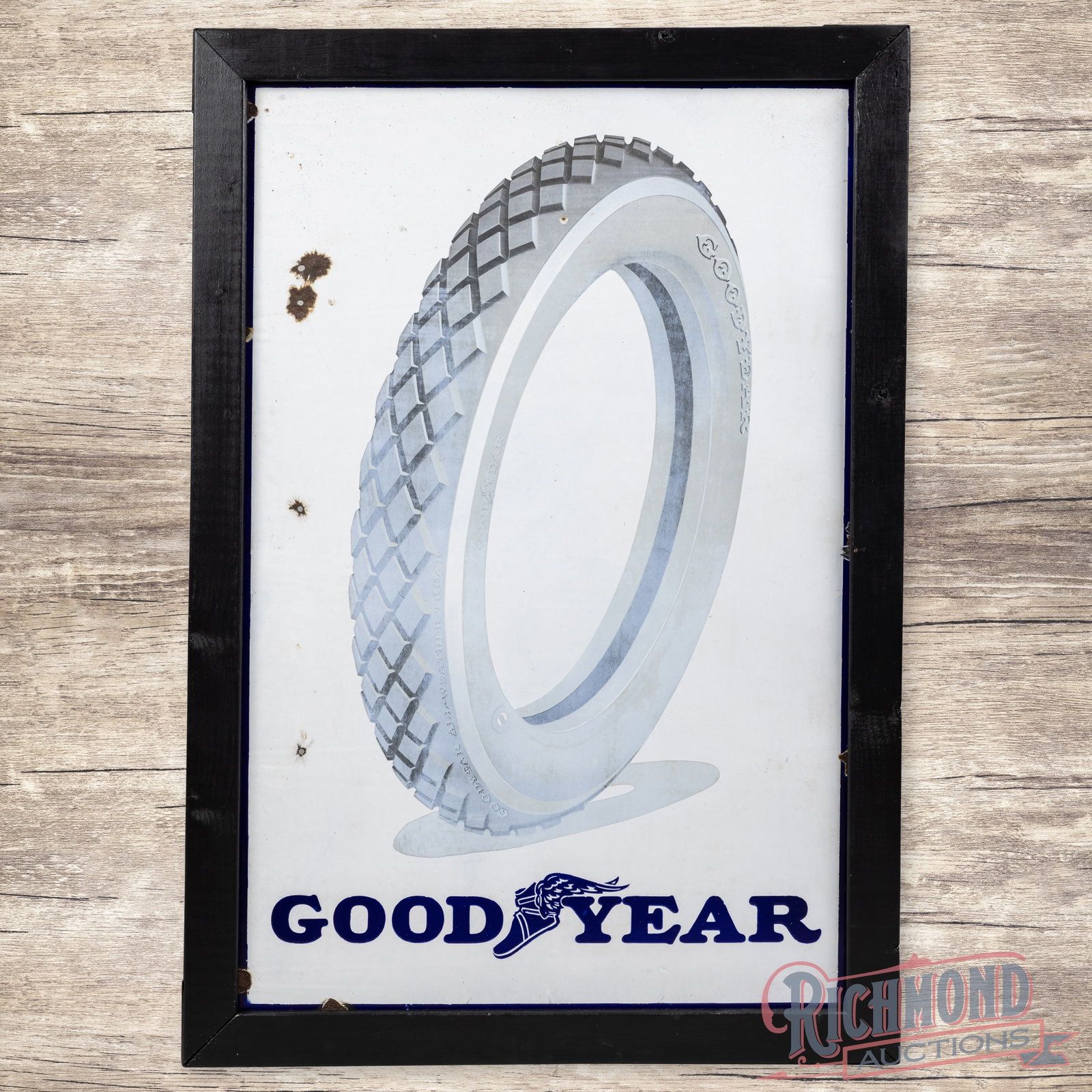 Goodyear Tires "All Weather Tread" 4' Single Sided Porcelain Sign: SSP (single sided porcelain) sign with an added wooden frame has good color and gloss. The field has light wear with small chips and wash to the tire graphic. The left outer field has chips with four 