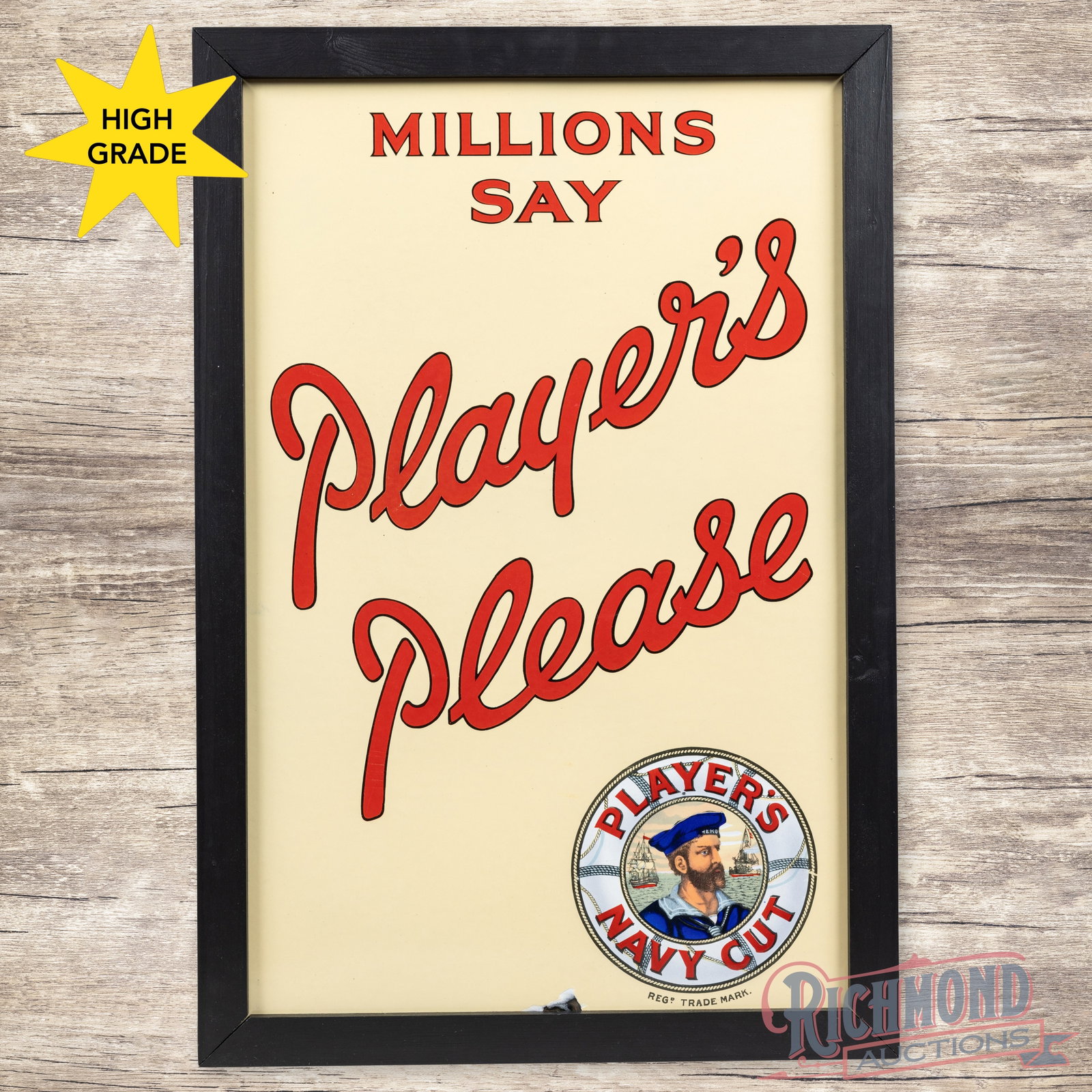 Millions Say Player's Please Navy Cut Tobacco Sign w/ Logo: SSP (single sided porcelain) sign with an added wooden frame has excellent color and gloss. The field is very clean overall with light surface wear. The perimeter has a chip on the lower edge at 6 o'c