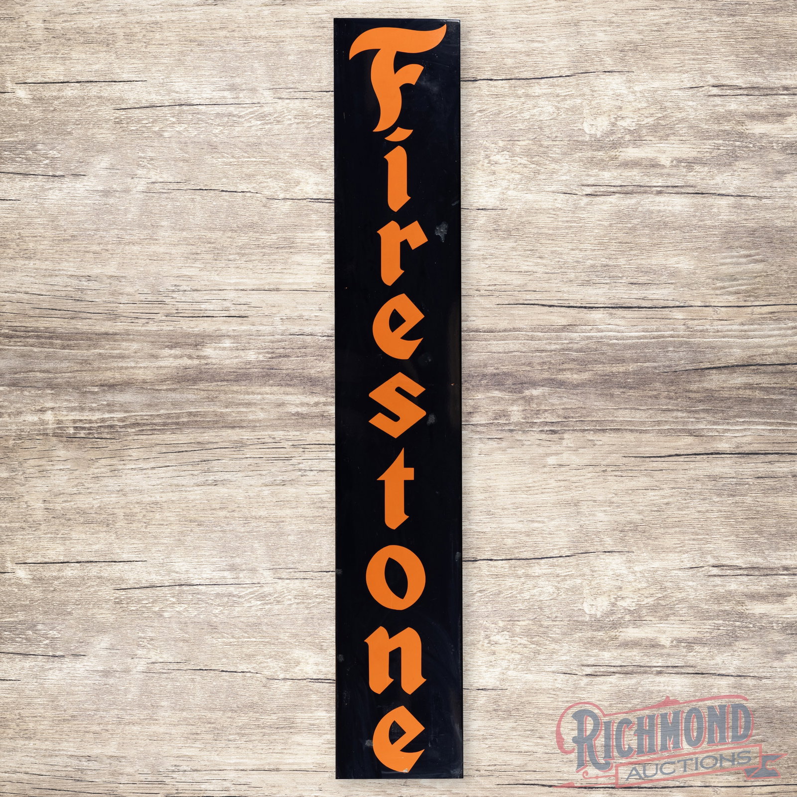 Firestone Tires 8' Vertical Single Sided Porcelain Sign: SSP (single sided porcelain) sign with an added wooden frame has good color and gloss. The field has light wear throughout with color matched chips in the outer fields and edges. The wooden frame is i