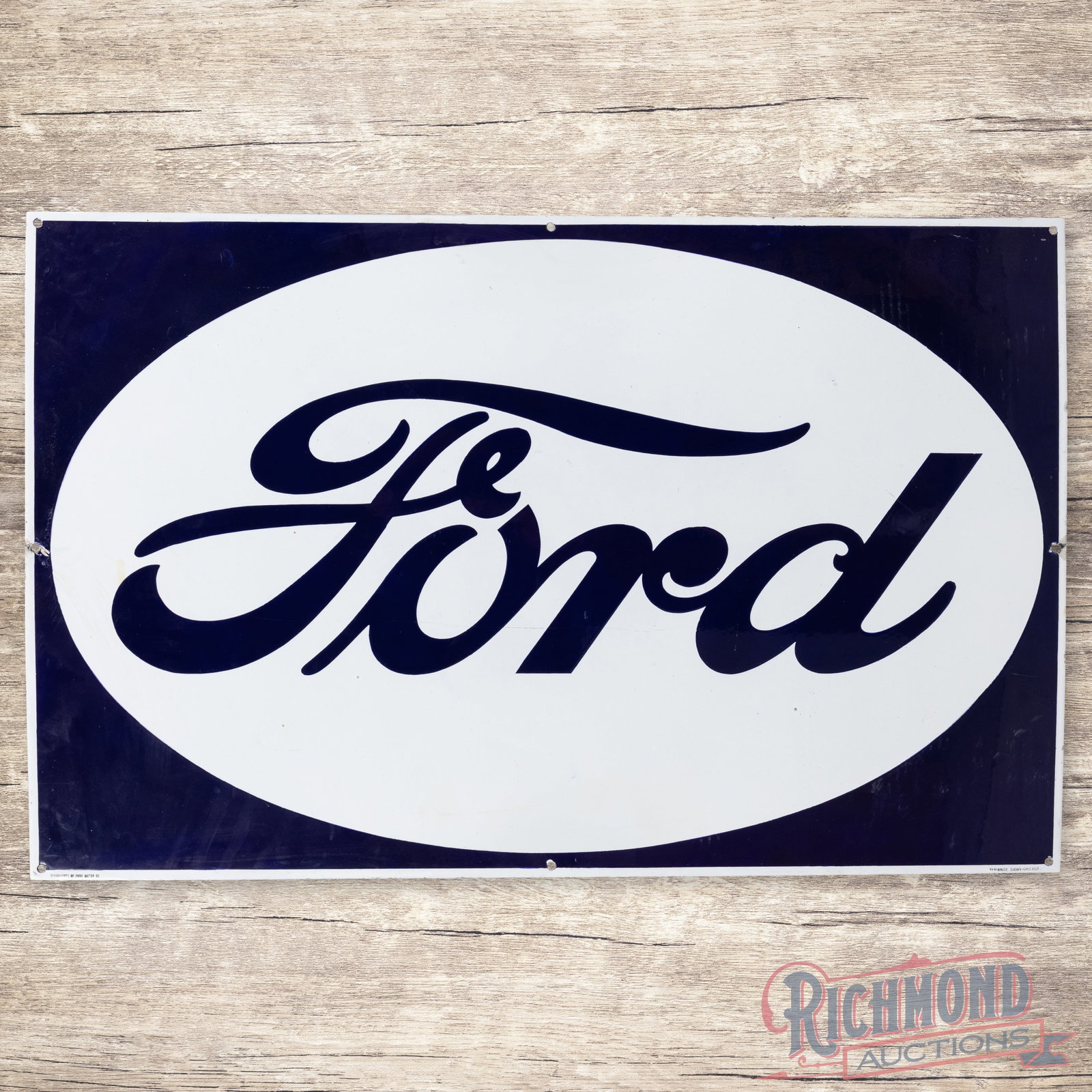 Ford Automobiles Single Sided Porcelain Logo Sign w/ Reverse Color: SSP (single sided porcelain) sign has excellent color and gloss. The field has light wear with marks, minor crazing in the left outer field, and a handful of flea bites. The blue outer fields and peri