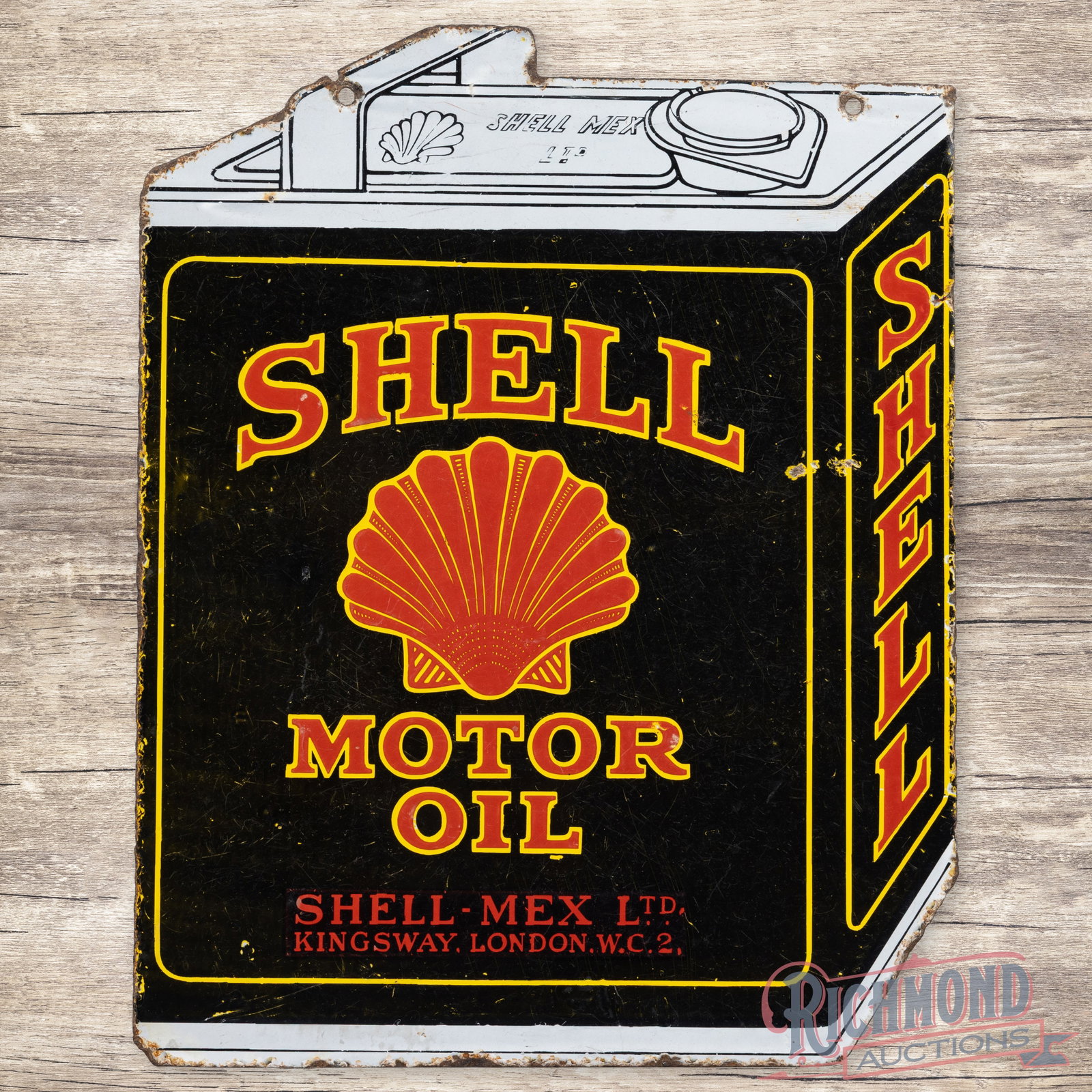 Shell Motor Oil Die Cut Double Sided Porcelain Oil Can Shaped Sign w/ Logo: DSP (double sided porcelain) die cut sign has good color and gloss. Side #1 has surface wear with small chips and areas of faint cloudiness. The perimeter has edge wear with small chips and minor meta
