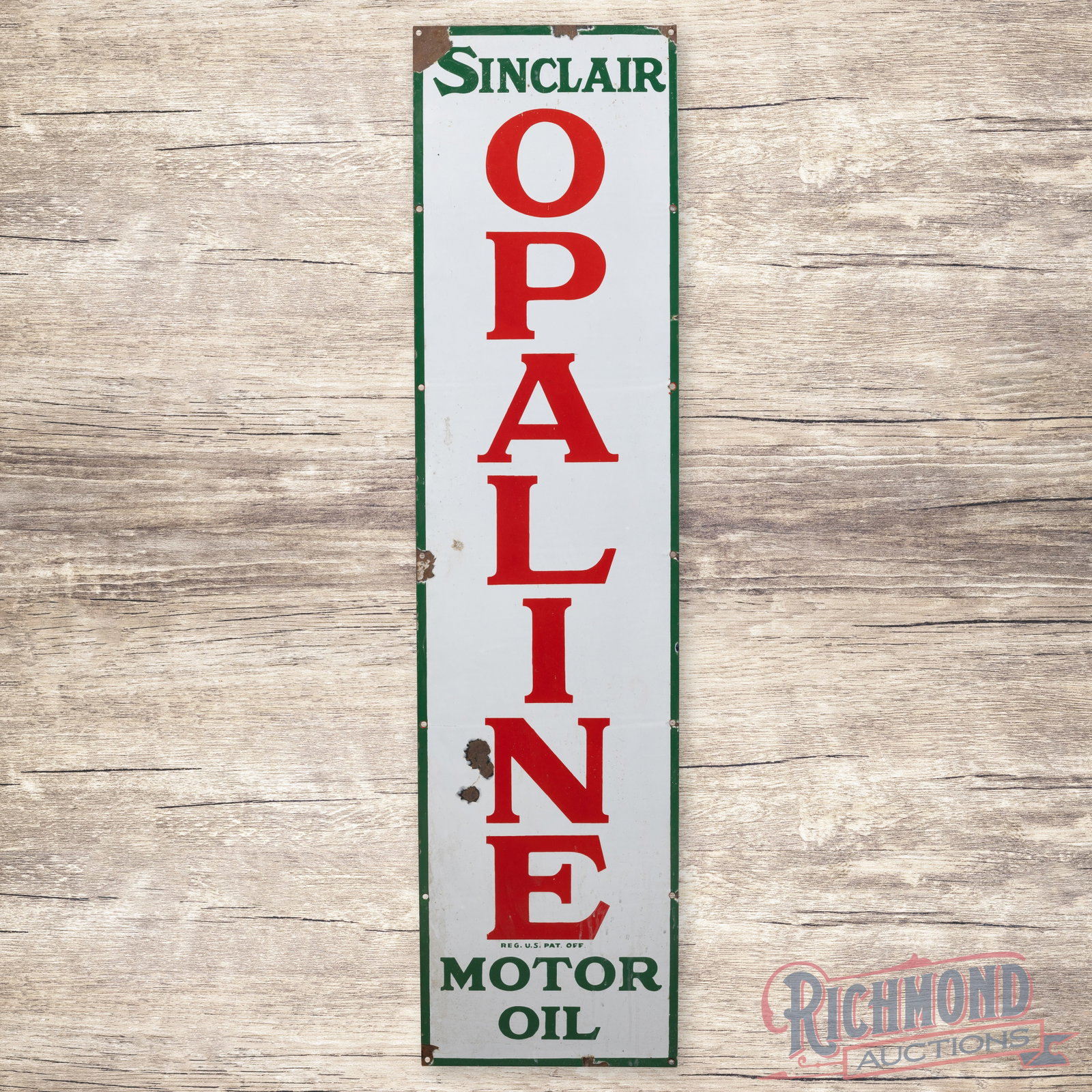 Sinclair Opaline Motor Oil 5' Single Sided Porcelain Sign: SSP (single sided porcelain) sign has very good color and gloss The field has light wear with chips in the left fields and areas of discoloration in the outer fields. The perimeter has chips with mino