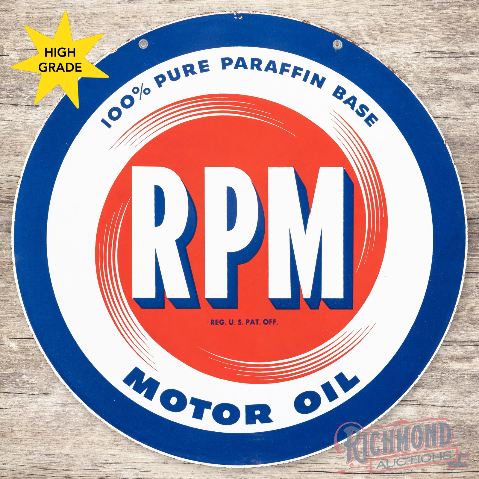 RPM 100% Pure Paraffin Base Motor Oil 33" Double Sided Porcelain Logo Sign: DSP (double sided porcelain) sign has excellent color and gloss. The display has a clean field with tiny chips and wear along the outer edges. The reverse has surface wear with discoloration and lower