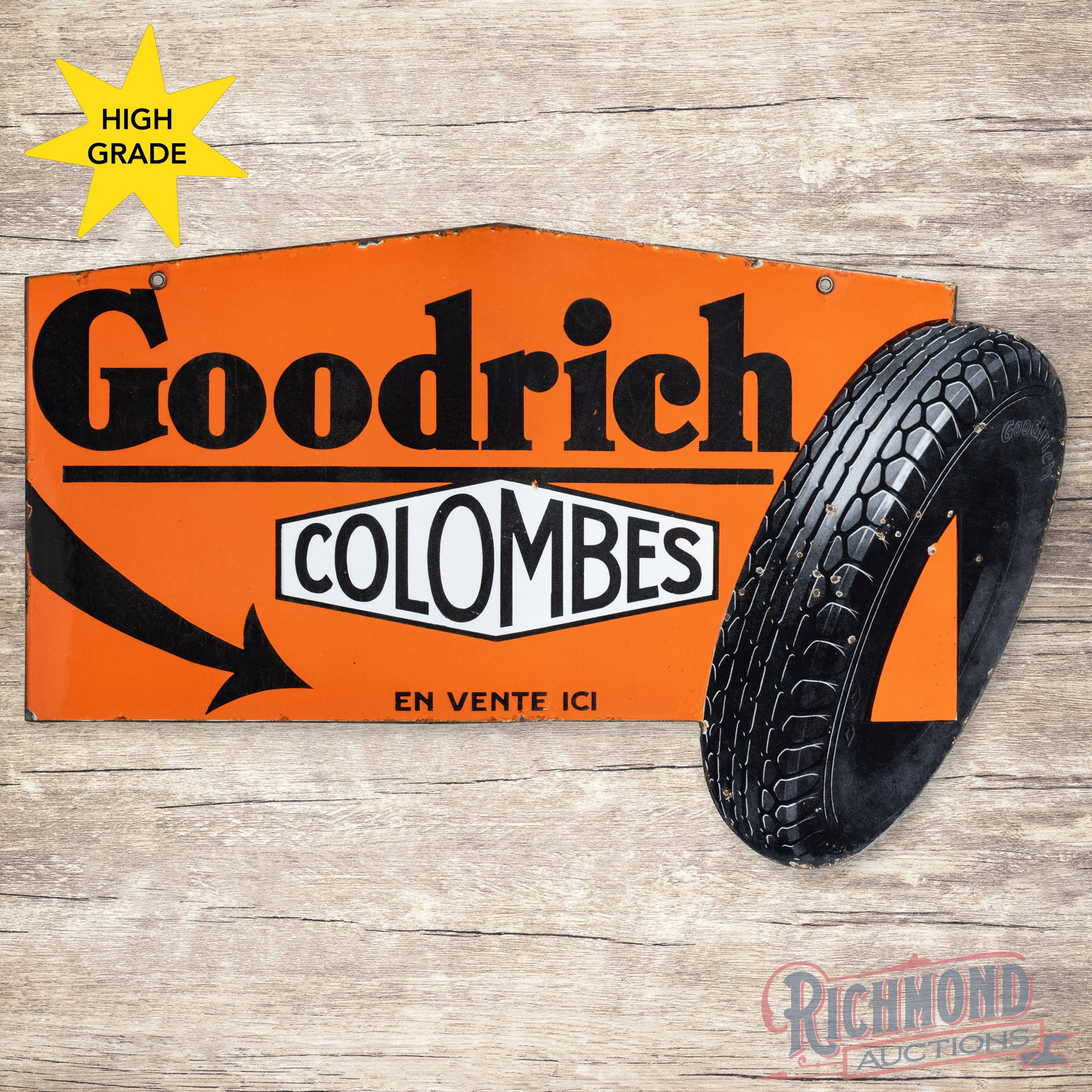 Goodrich Colombes Tires Die Cut Double Sided Porcelain Flange Sign: DSP (double sided porcelain) flange has excellent color and gloss. Side #1 has a clean field with minor chips on the left edges and chips at the mounting holes on the inner flange. The reverse has sma