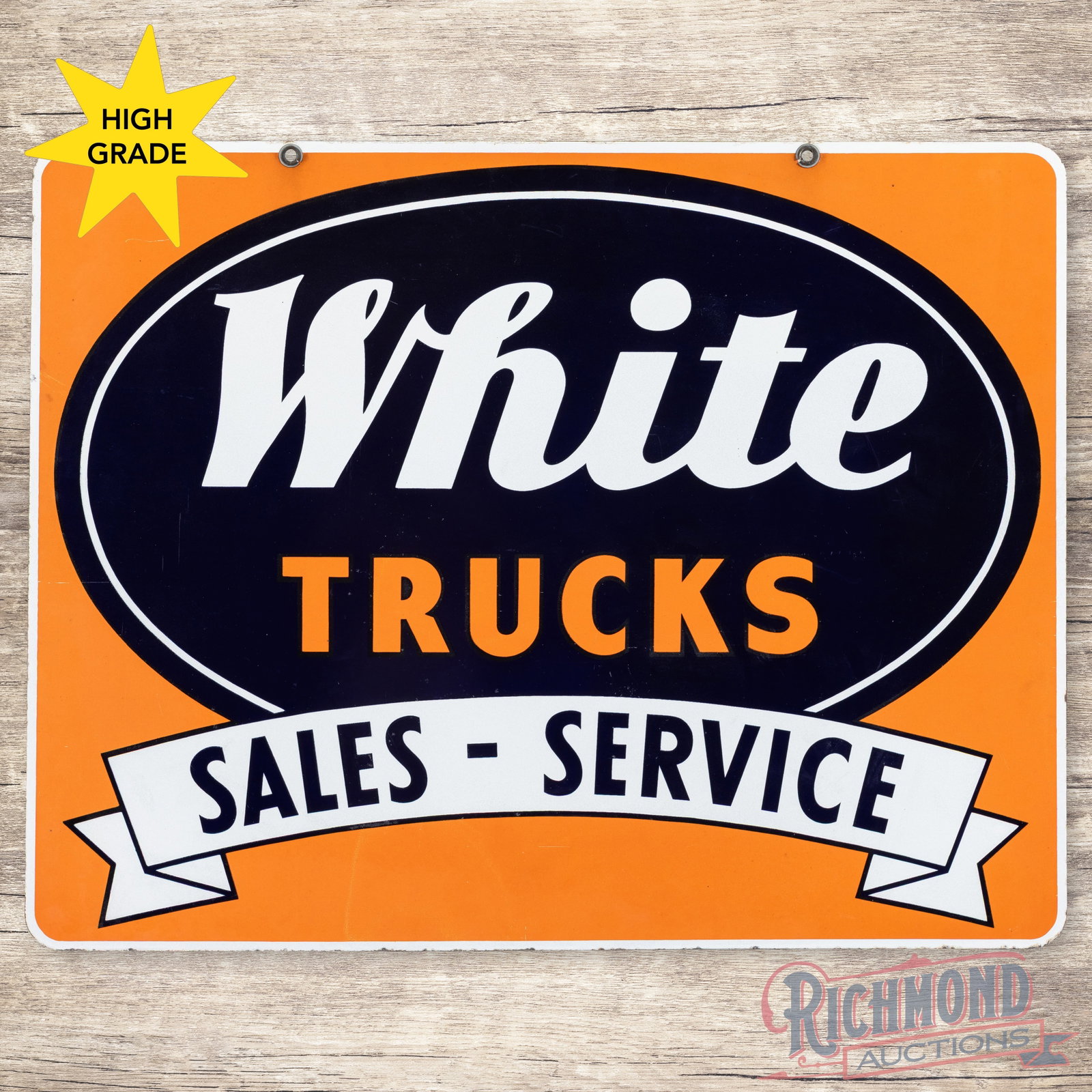 White Trucks Sales Service Double Sided Porcelain Sign: DSP (double sided porcelain) sign has excellent color and gloss. Side #1 has a clean field with minor surface imperfections and fine scratches in the outer fields. The perimeter has tiny chips along t