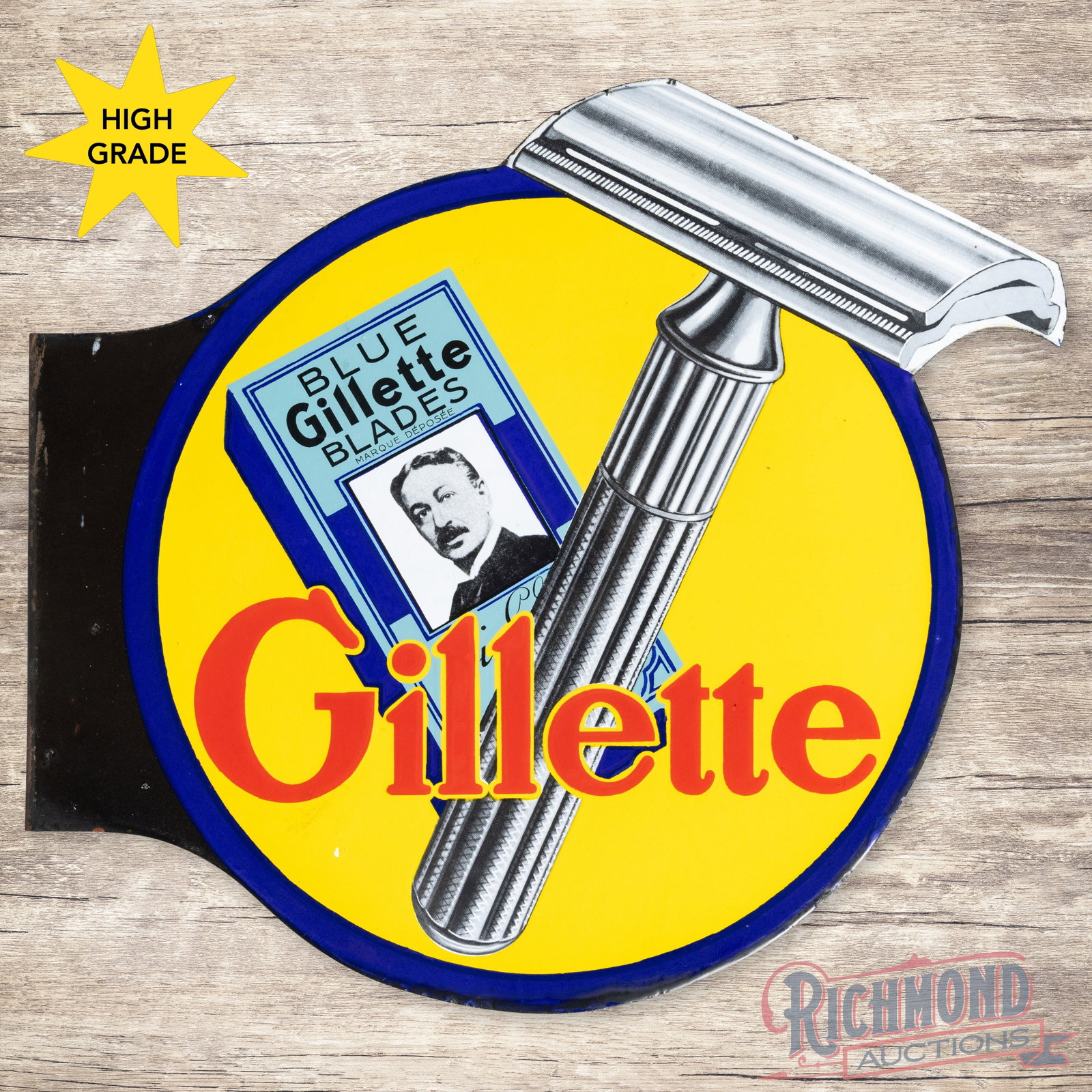 Gillette Blue Blades Die Cut Double Sided Porcelain Flange Sign: DSP (double sided porcelain) die cut flange has excellent color and gloss. Side #1 has a clean field with a minor area of crazing on the edge of the "G" in the lower left field. The perimeter has mino