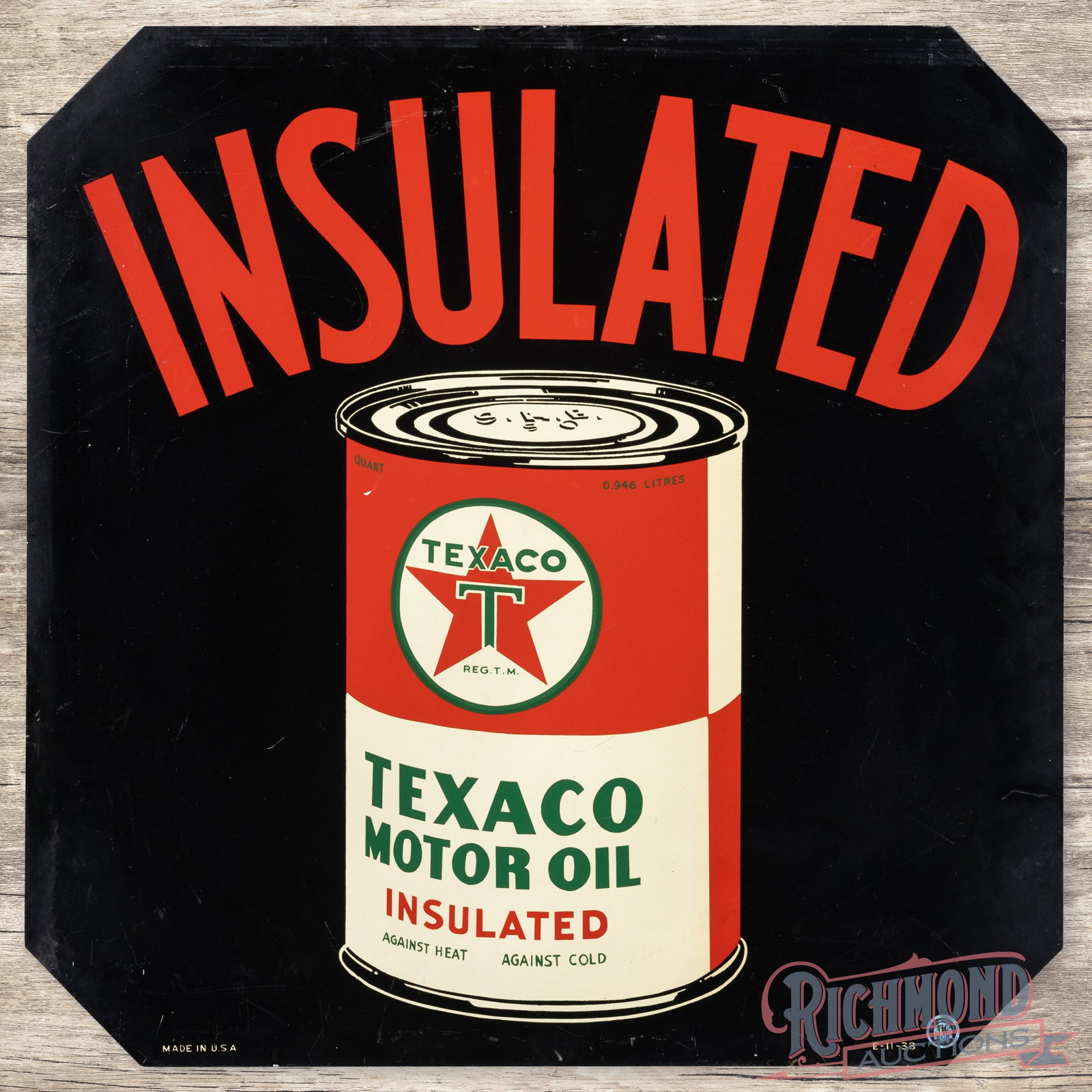 1938 Texaco Insulated Motor Oil 30" Double Sided Tin Sign w/ Can: DST (double sided tin) die cut sign has excellent color and shine. Side #1 has a clean quart can graphic with light wear in the upper lettering. The outer fields have fine scratches and the perimeter 