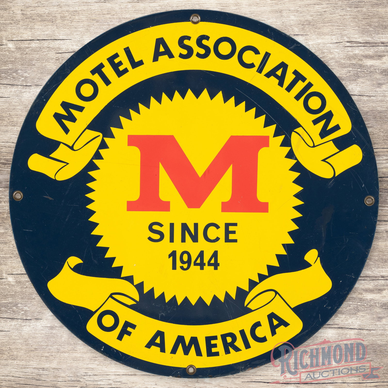 Motel Association of America "Since 1944" 20" Double Sided Tin Sign: DST (double sided tin) sign has very good color and shine. Side #1 has light wear and fine scratches in the fields. The perimeter has minor wear and small paint chips along the lower edges. The revers