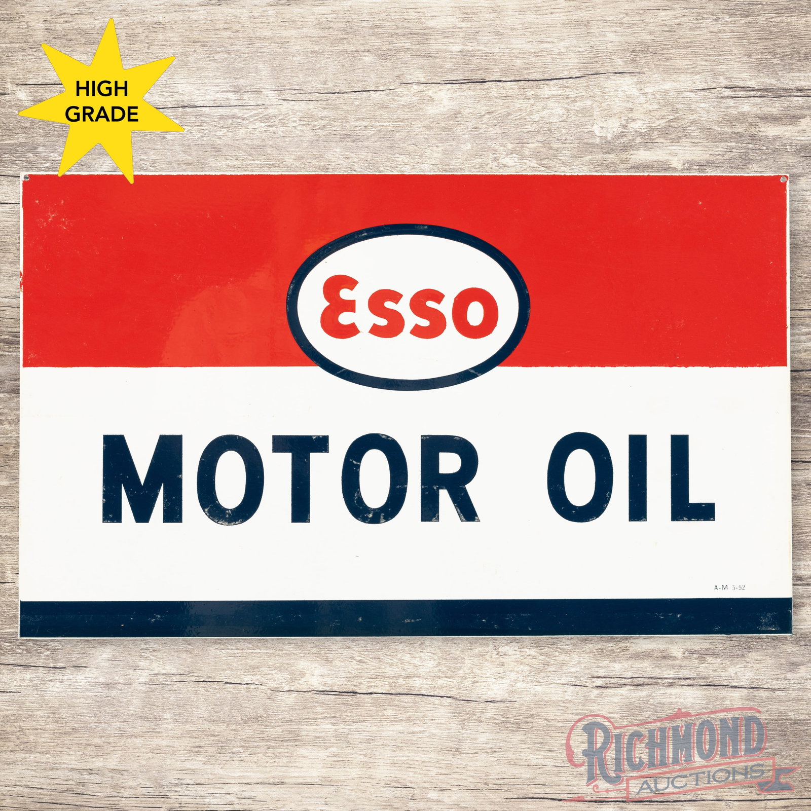1952 NOS Esso Extra Motor Oil Double Sided Tin Sign w/ Logo: NOS (new old stock) DST (double sided tin) sign has excellent color and shine. Side #1 has faint paper marks with small pieces of paper residue in the fields and perimeter. The reverse is in a similar