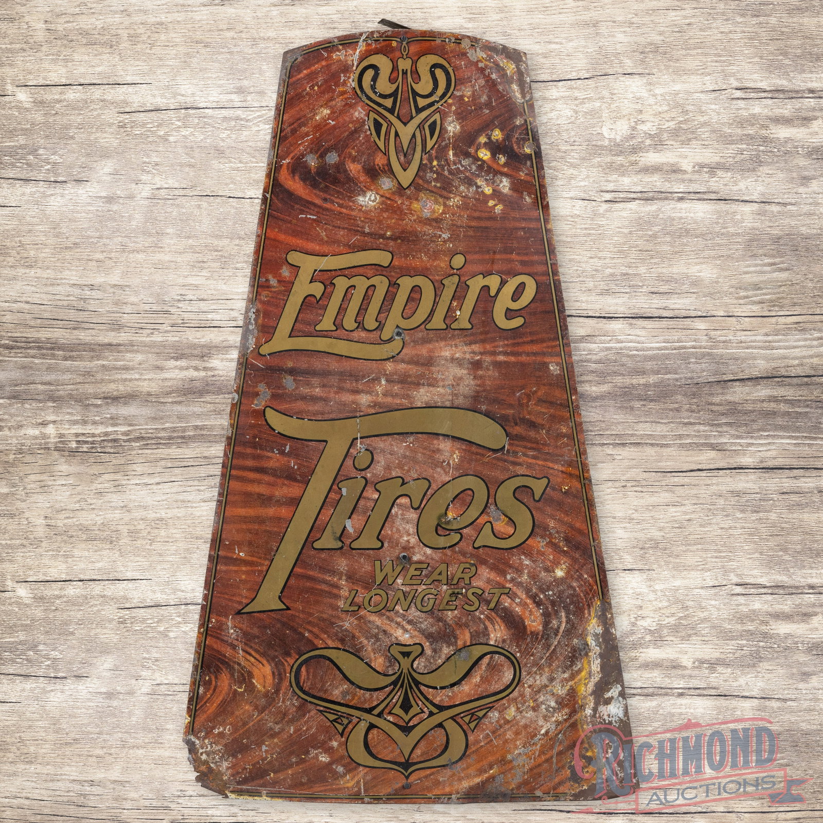 Early Empire Tires Wear Longest Single Sided Tin Display Sign w/ Stand: SST (single sided tin) die cut sign with the factory wooden easel stand had good color. The display has general surface wear with scratches, wash and paint chips. The perimeter has oxidation with pain