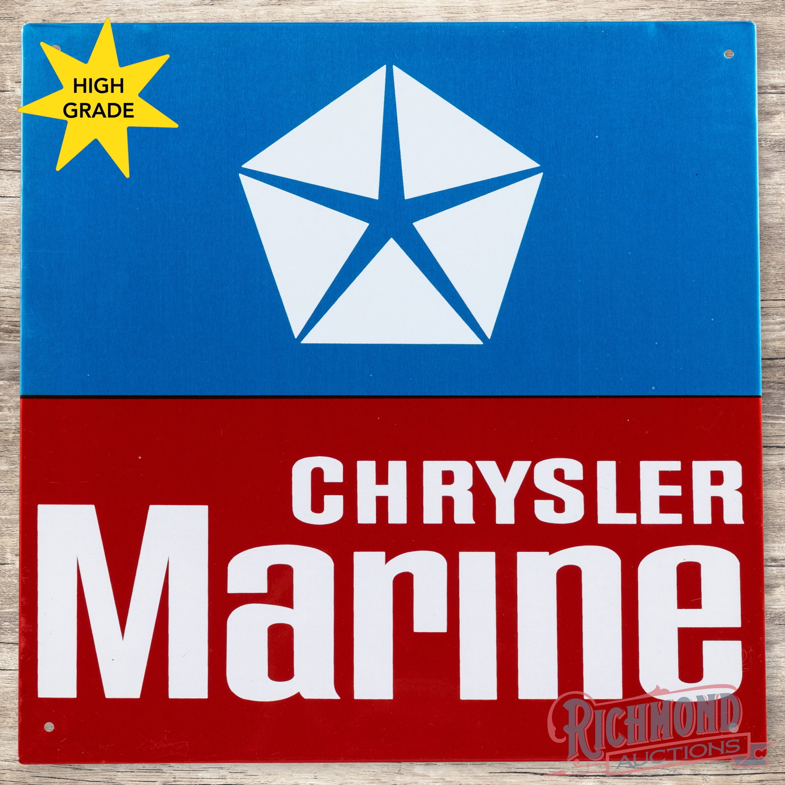Chrysler Marine Single Sided Tin Sign w/ Logo: SST (single sided tin) crimped edge sign has excellent color and shine. The field is clean. The perimeter has tiny bends along the outer edges. Overall a seldom-seen Chrysler Marine sign with amazing 