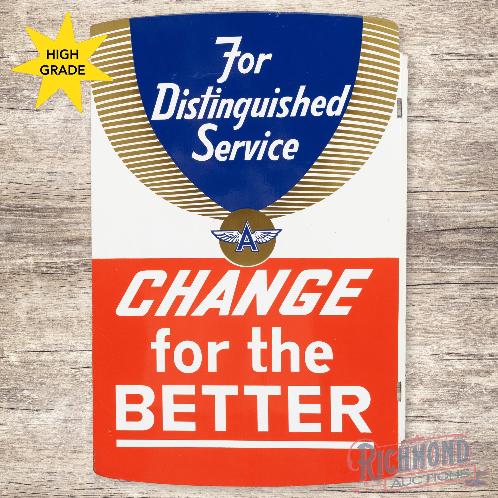 Veedol 10-30 Motor Oil Double Sided Tin Flange Sign w/ Flying A Logo: DST (double sided tin) flange has excellent color and shine. The display has a clean field with light wear along the edges. The reverse is in a similar condition with paint chips along the edges and i