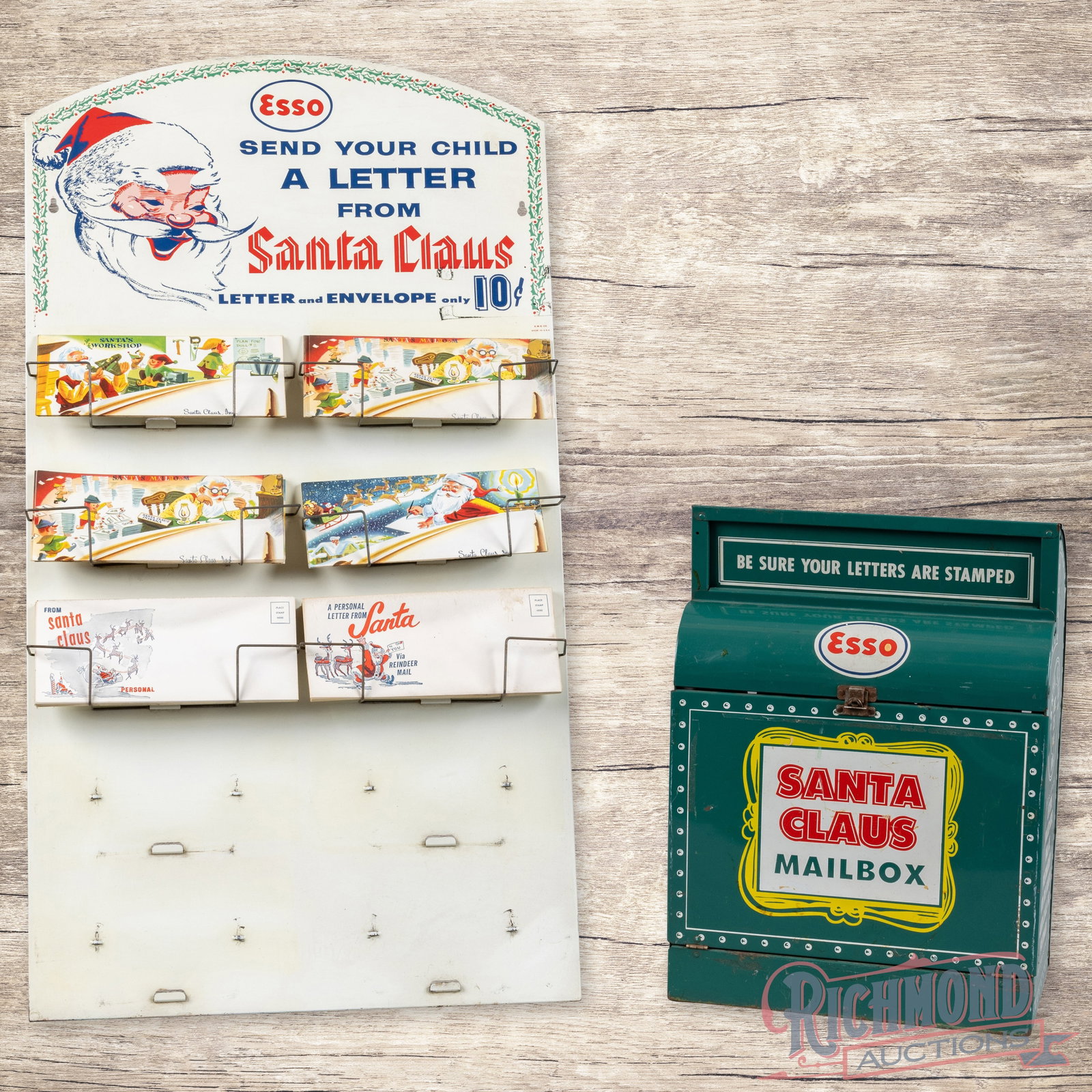 Esso Service Station Letter From Santa Display Sign w/ Santa's Mail Box: Outstanding group of Esso Santa Claus service station displays includes a SST (single sided tin) letter display along with an Esso Santa Claus Mailbox. The letter display has excellent color with ligh