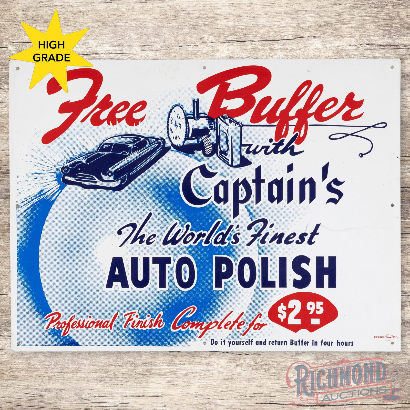 Free Buffer with Captain's "World's Finest" Auto Polish 24" Single Sided Tin Sign w/ Automobile: SST (single sided tin) sign has excellent color and shine. The sign features detailed graphics of an automobile with a buffer and polish can. The display is clean and the outer fields have light wear.