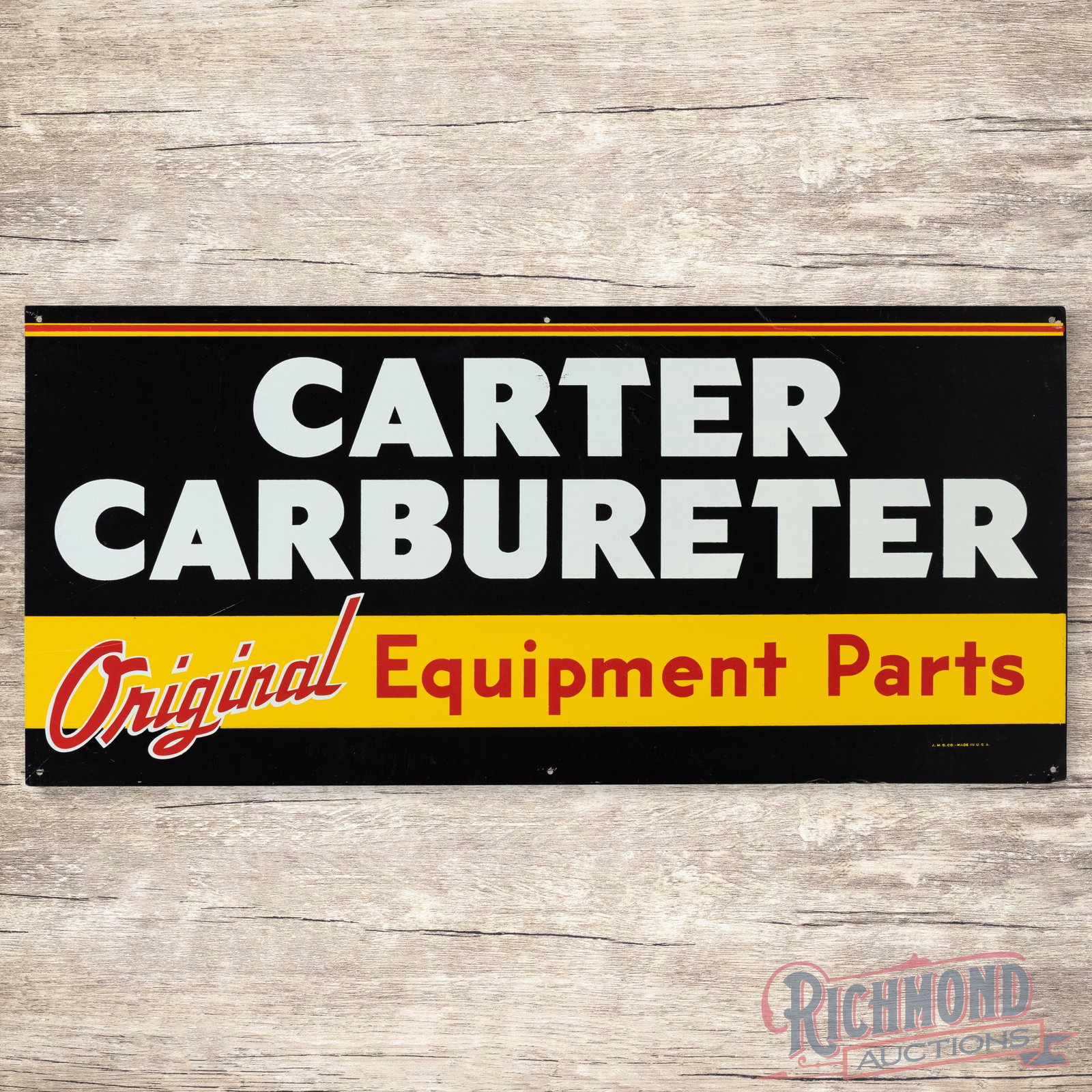 Carter Carbureter Original Equipment Single Sided Tin Sign: SST (single sided tin) sign has excellent color and shine. The display is very clean overall with light wear in the upper field and a fine scratch in the lower left field. The perimeter has minor wear