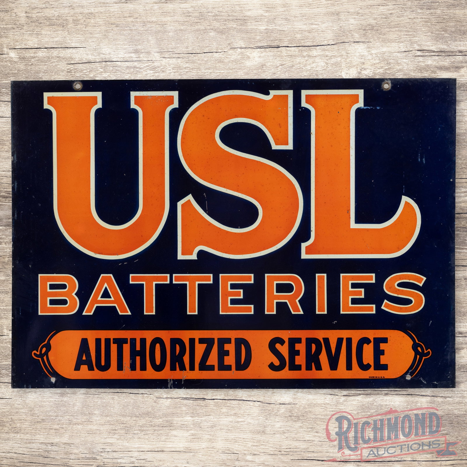 USL Batteries Authorized Service 28" Double Sided Tin Sign: DST (double sided tin) sign has excellent color and shine. The display has small scratches and spotting in the fields. The perimeter has scratches and two small non-factory holes along the lower edge.