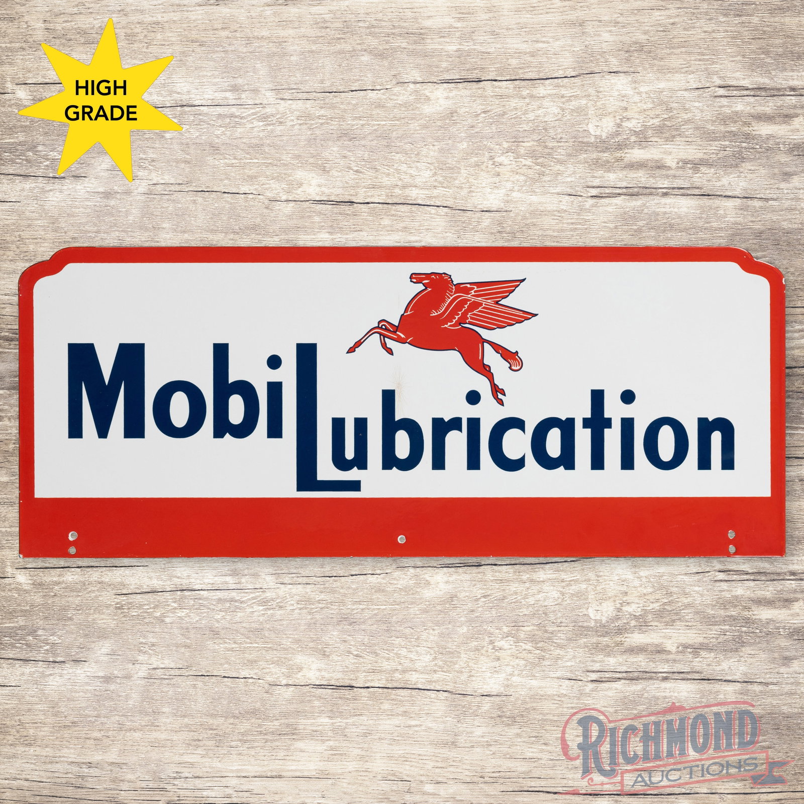 Mobilubrication Die Cut Single Sided Porcelain Sign w/ Pegasus: SSP (single sided porcelain) die cut sign has excellent color and gloss. The field has a bruise on the upper edge of the "B" and the perimeter has a few minor chips along the edges. All in all a clean