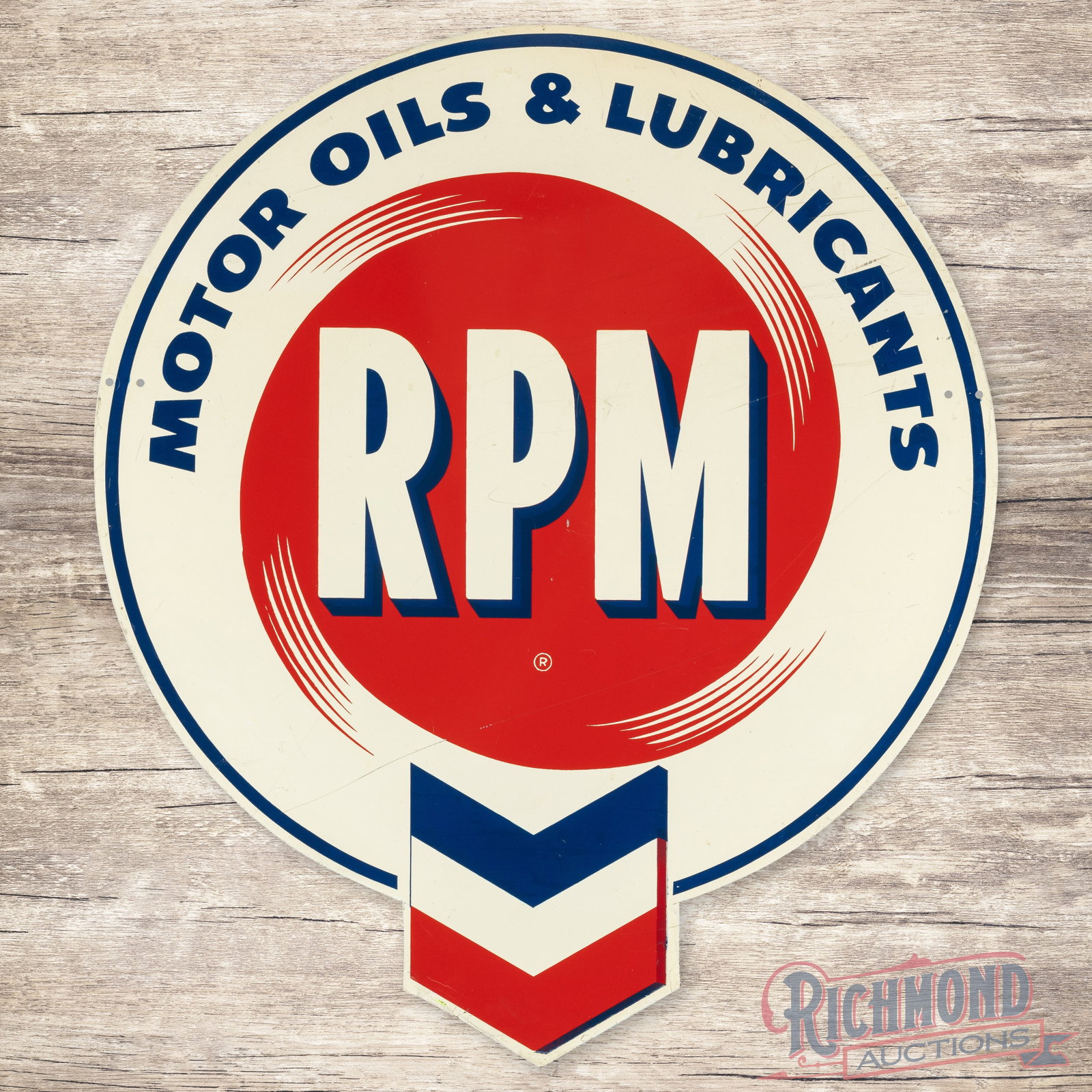 RPM Motor Oils & Lubricants 30" Die Cut Double Sided Tin Sign w/ Hallmark: DST (double sided tin) die cut sign has excellent color and shine. Side #1 has fine scratches with two small paint chips in the field. The reverse is in a similar condition with areas of minor discolo