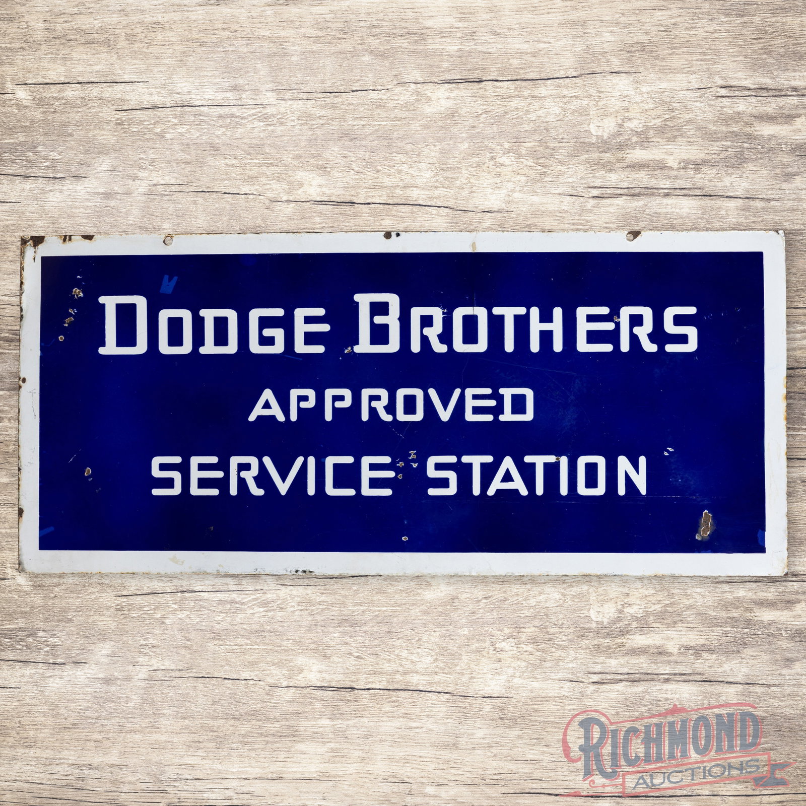 Dodge Brothers Approved Service Station 40" Double Sided Porcelain Sign: DSP (double sided porcelain) sign has very good color and gloss. Side #1 has fine scratches with chips in the fields. The perimeter has a minor bend on the upper left corner with chips along the outer