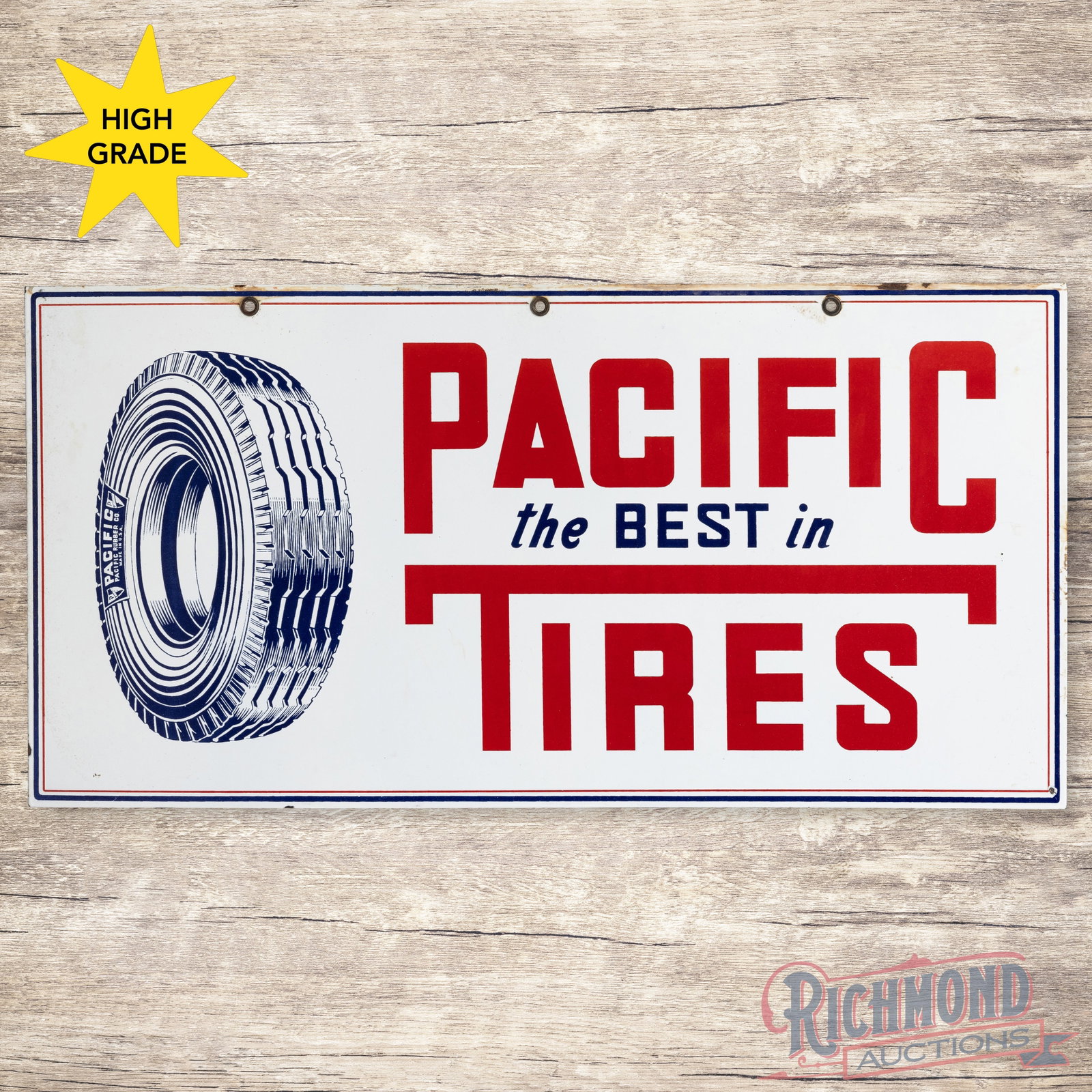 Rare Pacific "The Best In" Tires 36" Double Sided Porcelain Sign w/ Graphic: DSP (double sided porcelain) sign has very good color and gloss. The display has a clean field. The perimeter has areas of discoloration, small chips and a tiny added hole on the lower right corner. T