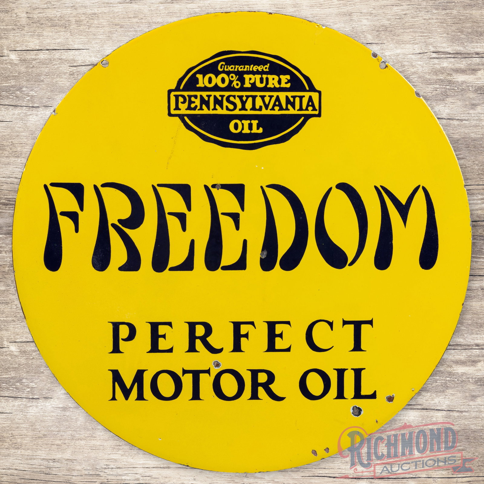 Freedom 100% Pure Pennsylvania Perfect Motor Oil 24" Double Sided Porcelain Sign: DSP (double sided porcelain) sign has excellent color and gloss. The display has small chips in the lettering with additional chips along the outer edges. The reverse is in a similar condition to the 