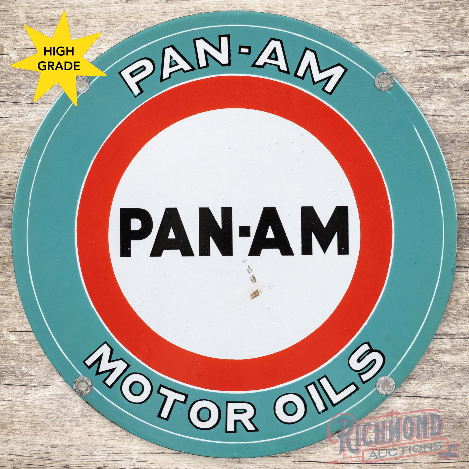 Scarce Pan-Am Motor Oils 15" Single Sided Porcelain Sign: SSP (single sided porcelain) sign has excellent color and gloss. The display has an area of factory blemishes below the lettering and other tiny factory imperfections in the fields. The perimeter has 