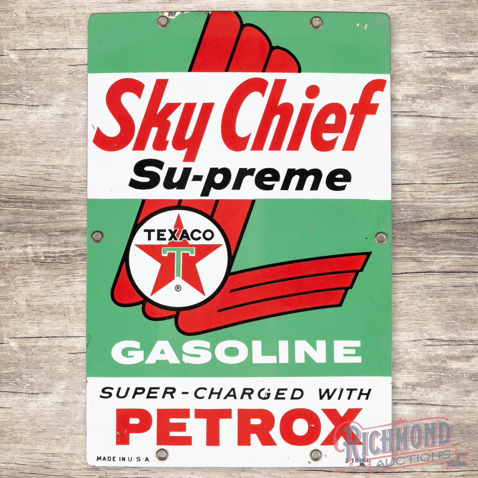 1960 Texaco Sky Chief Supreme w/ Petrox Gasoline Single Sided Porcelain Pump Plate Sign "Medium" (1 of 3)