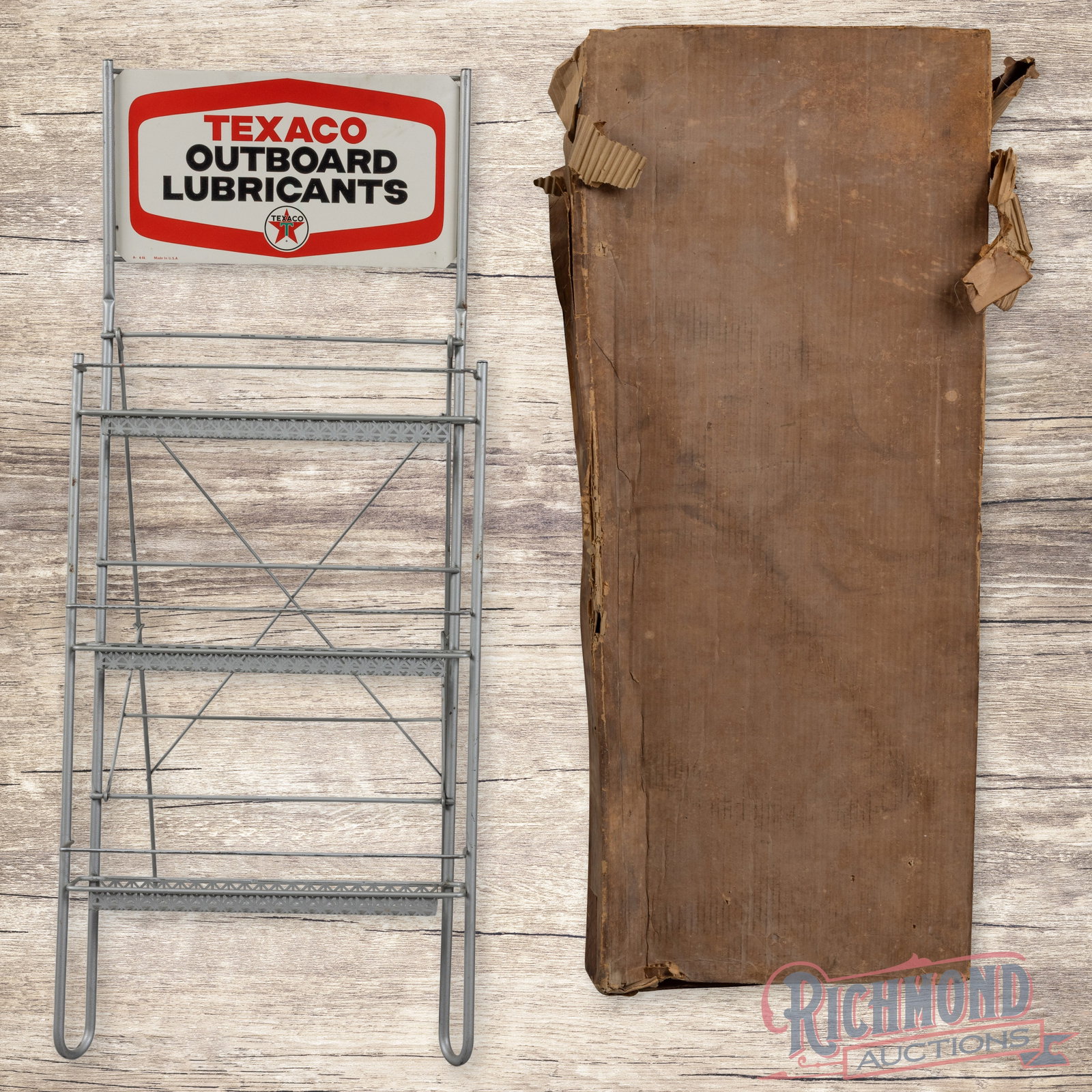 1966 Texaco Outboard Lubricants Single Sided Tin Advertising Can Display Rack w/ Sign & Box: NOS (new old stock) SST (single sided tin) metal display rack with the original box has excellent color and shine. The sign has light storage wear with areas of slight discoloration in the outer field