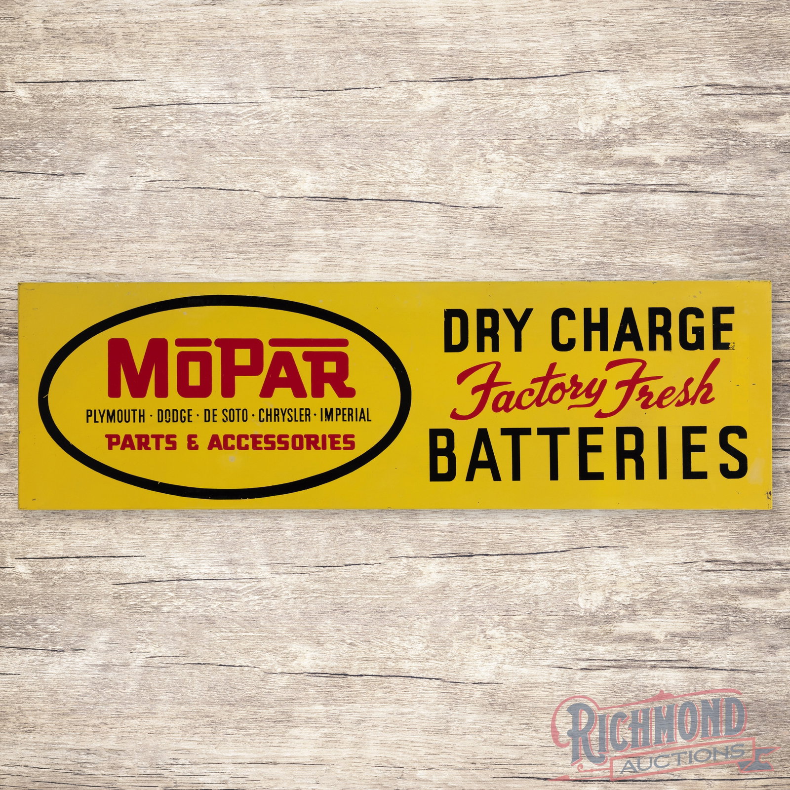 Mopar Dry Charge Factory Fresh Batteries Single Sided Tin Sign: SST (single sided tin) rack sign has excellent color and shine. The field exhibits light wear with an errant paint drip below the "CC" in Accessories. The outer fields and edges have scuffs with small