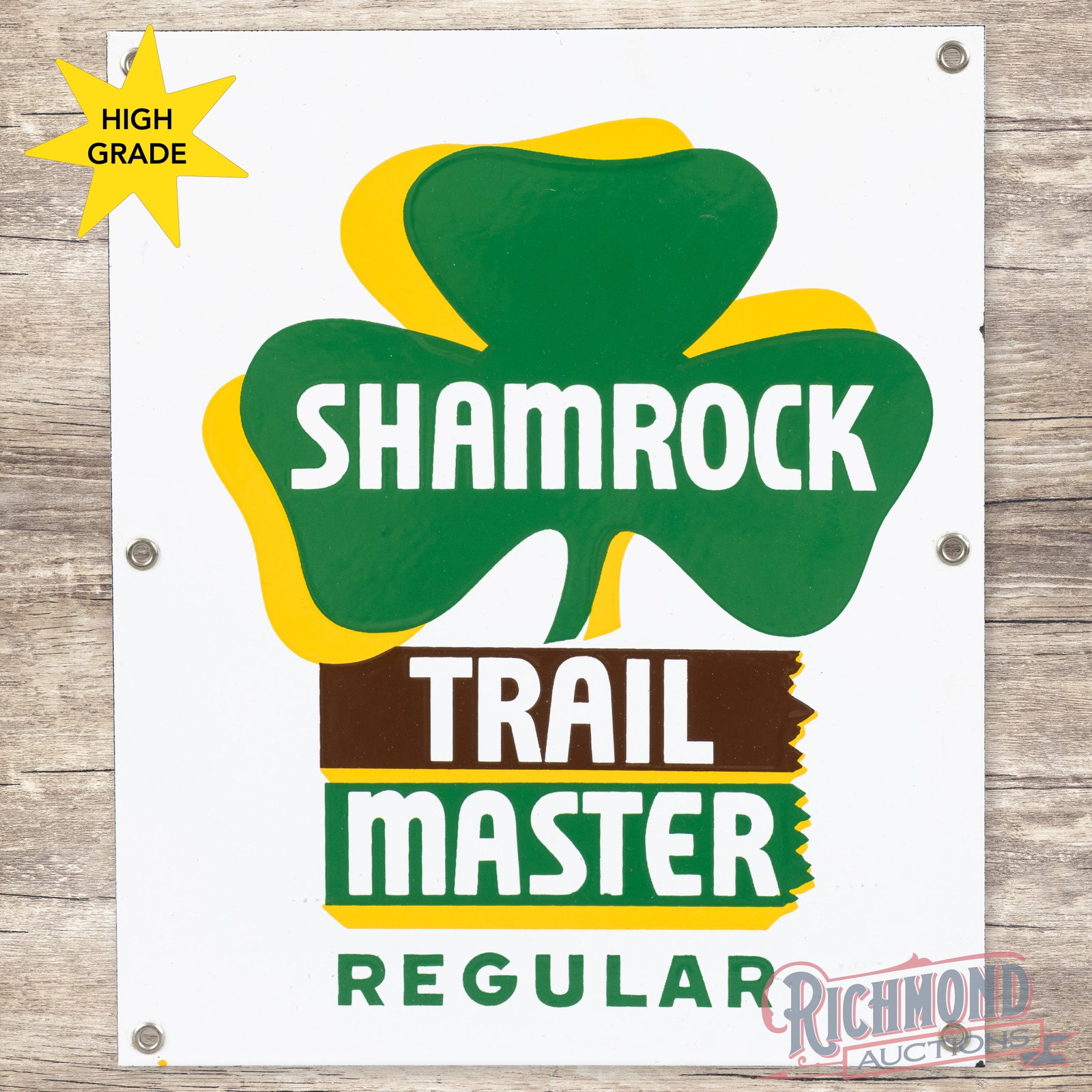 Shamrock Trail Master Regular Gasoline Single Sided Porcelain Pump Plate Sign: SSP (single sided porcelain) sign has excellent color and gloss. The field is clean with a minor mark to the right of the word "Regular" in the lower outer field. The perimeter has a few tiny flea bit