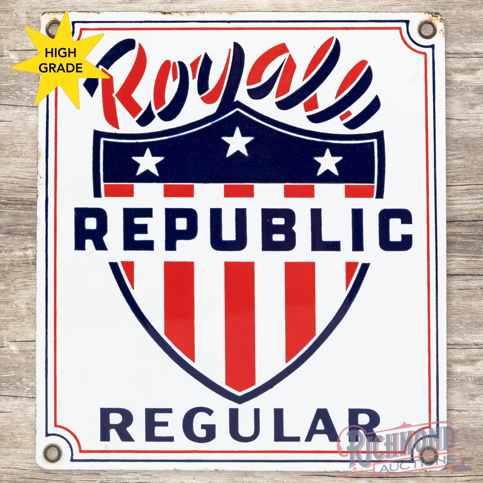 Royal Republic Regular Gasoline Single Sided Porcelain Pump Plate Sign: SSP (single sided porcelain) pump plate has excellent color and gloss. The field is clean. The perimeter has areas of edge wear with tiny chips. All four factory grommets are present. Overall a tough 