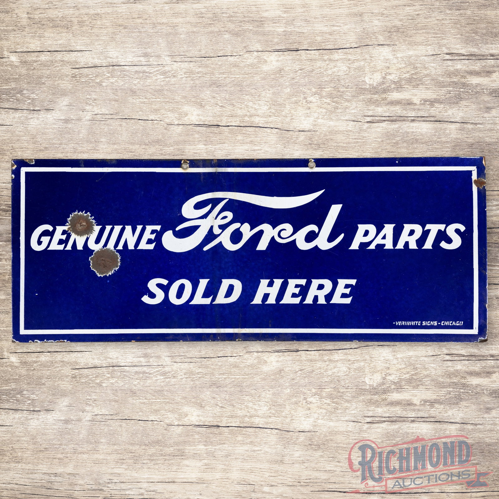 Ford Genuine Parts Sold Here Single Sided Porcelain Sign: SSP (single sided porcelain) sign has good color and gloss. The display has slight outward bow with a vertical bend in the center, crazing and discoloration. The left field has two large chips with cl