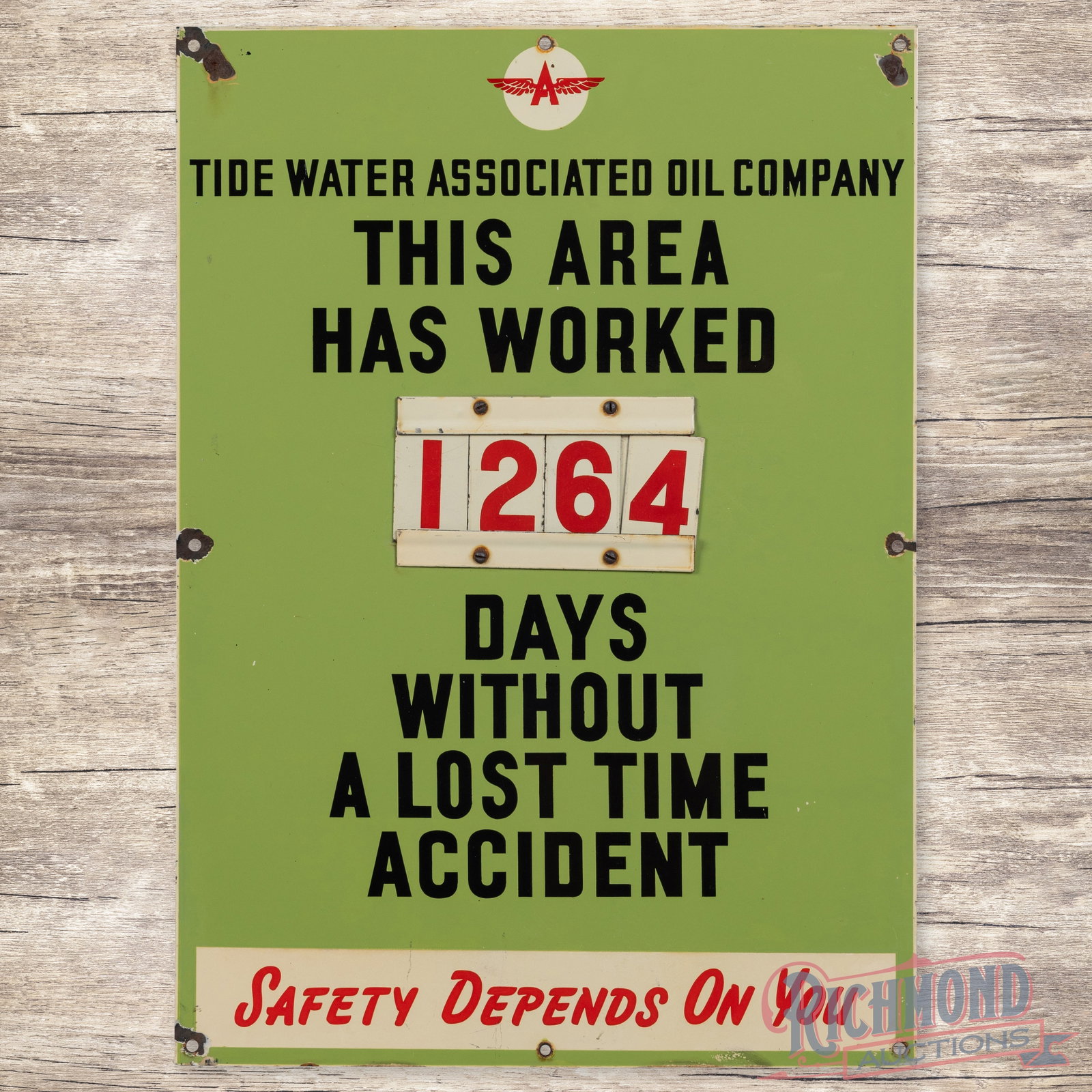 Tide Water Associated Flying A Safety Single Sided Porcelain Sign w/ Logo (1 of 3)