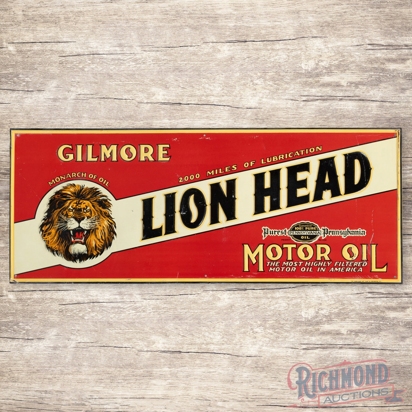 Gilmore Lion Head Motor Oil "Monarch of Oil" Emb. Single Sided Tin Sign w/ Logo (1 of 3)