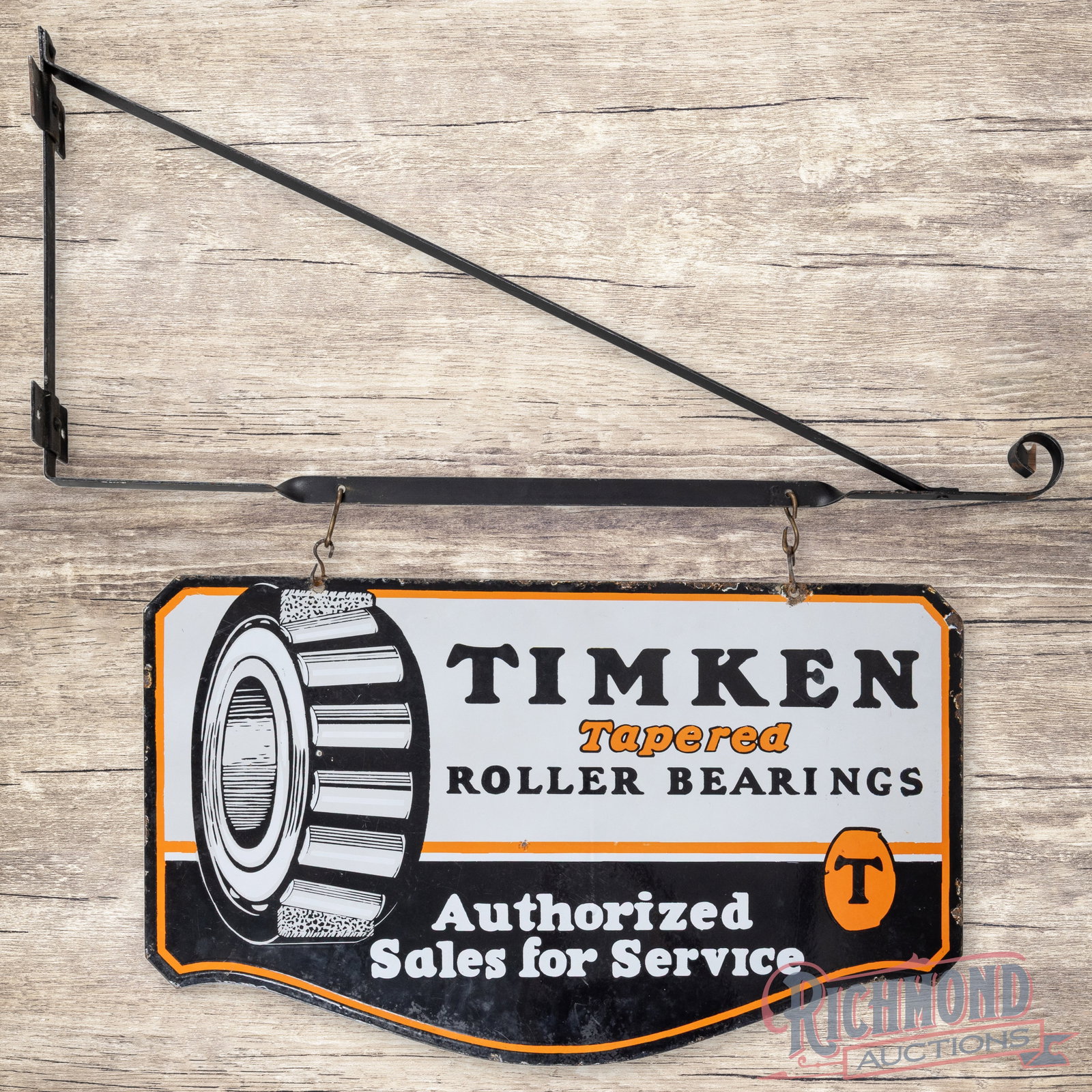Timken Tapered Roller Bearings Authorized Sales and Service Double Sided Porcelain Sign w/ Bracket: DSP (double sided porcelain) die cut sign with hanging bracket has very good color and gloss. The display has light wear with a tiny chip and two areas of crazing with flakes in the right field. The p
