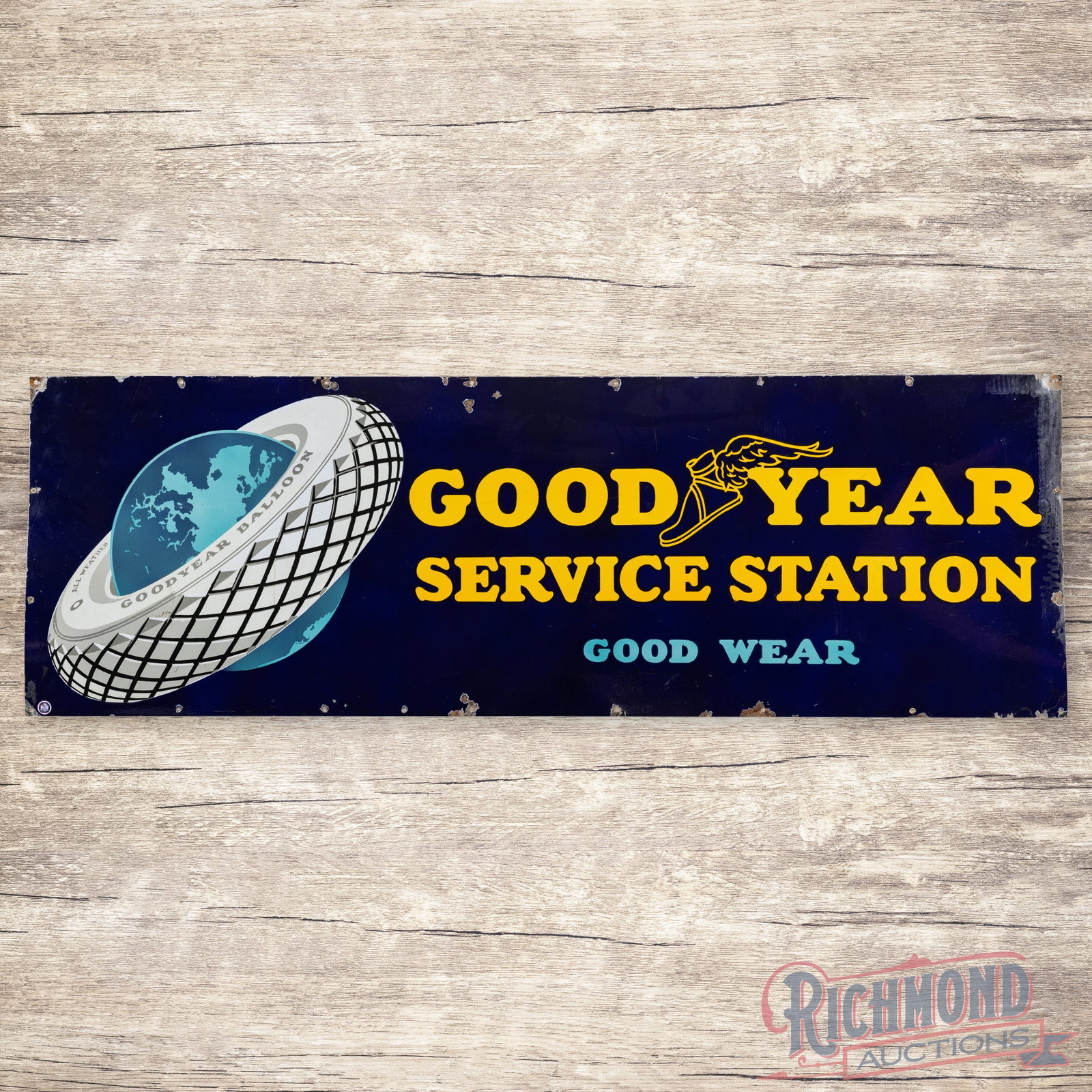 Goodyear Service Station 6' Single Sided Porcelain Sign w/ World & Wingfoot Logos: SSP (single sided porcelain) sign has excellent color and gloss. The fields have light wear with fine scratches and a tiny chip above the "D" of Good. The perimeter has additional chips with minor edg