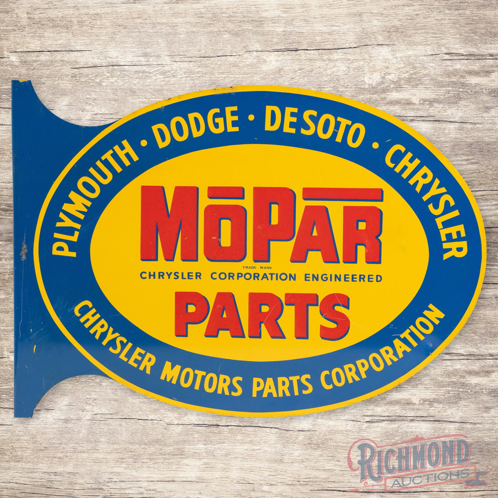 Mopar Parts Plymouth Dodge DeSoto Chrysler Double Sided Tin Flange Sign (1 of 4)