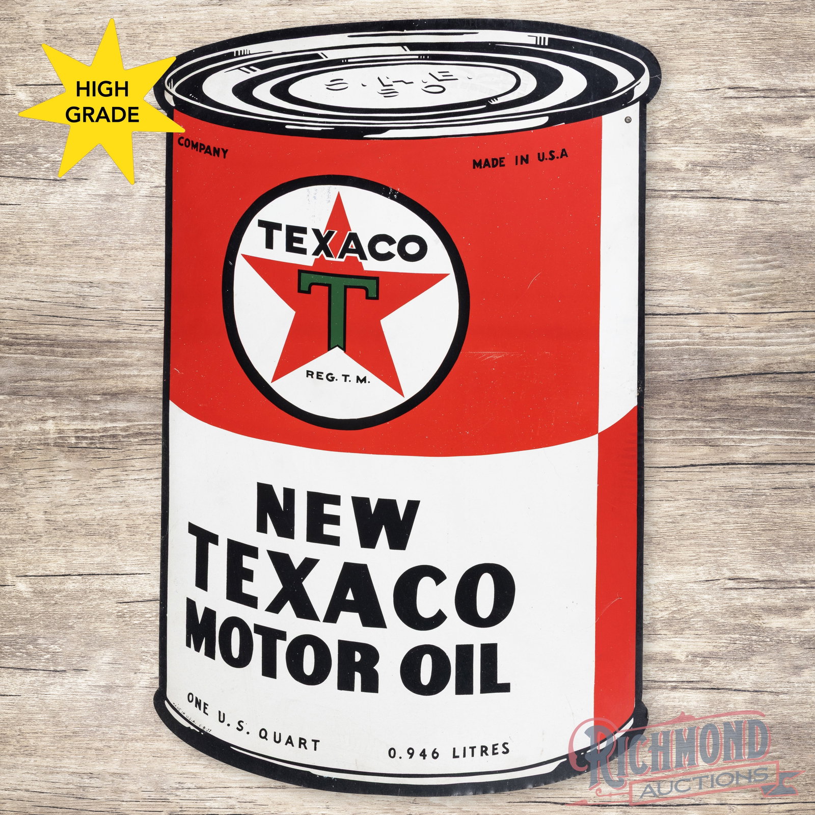1937 Texaco New Motor Oil Die Cut Single Sided Tin Quart Can Shaped Sign: SST (single sided tin) die cut quart can shaped sign has very good color and shine. The display has light wear with scuffs and tiny errant white paint drips. The perimeter has slight discoloration nea