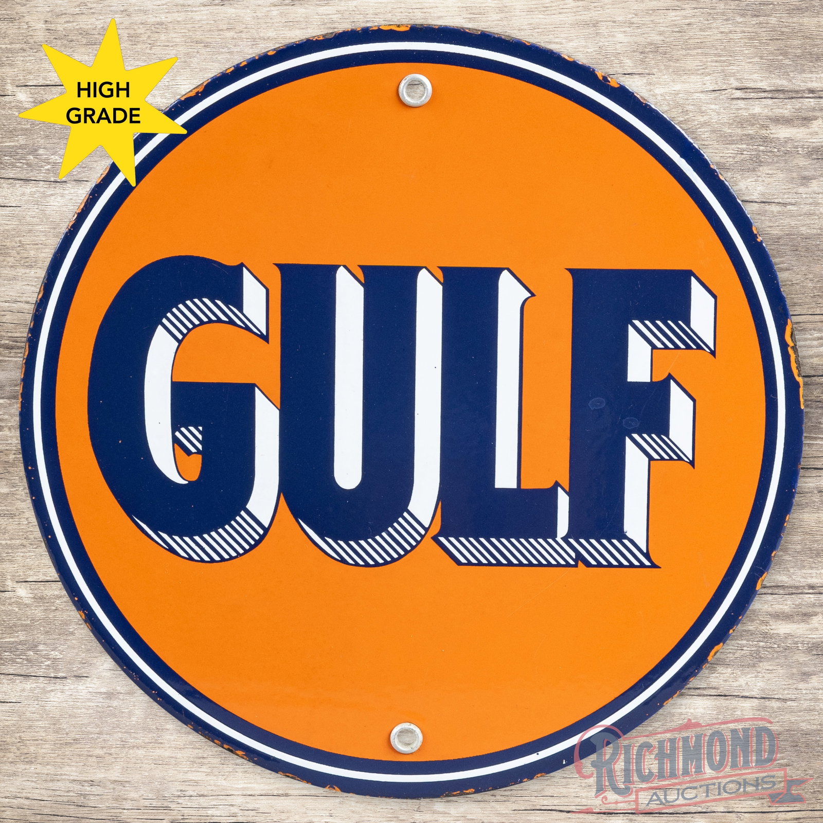 Rare Gulf Gasoline Motor Oils 12" Single Sided Porcelain Sign "Striped Letters": Outstanding SSP (single sided porcelain) sign has excellent color and gloss. The field is clean. The perimeter has small chips along the outer edges. Both factory grommets are present. Overall an exce