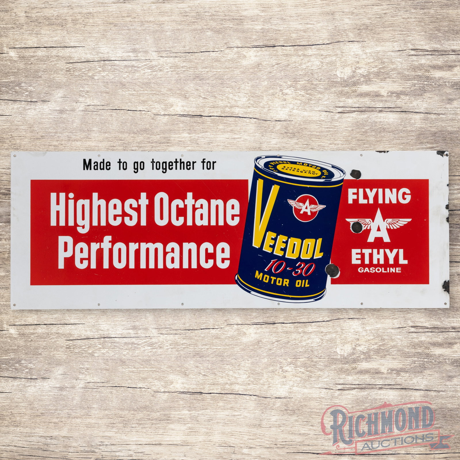 Veedol Motor Oil Flying A Ethyl Gasoline "Made to go Together" 4' Single Sided Porcelain Sign: Scarce SSP (single sided porcelain) sign has very good color and gloss. The display has fine scratches, small nicks and three chips in the right fields. The perimeter has light wear with discoloration