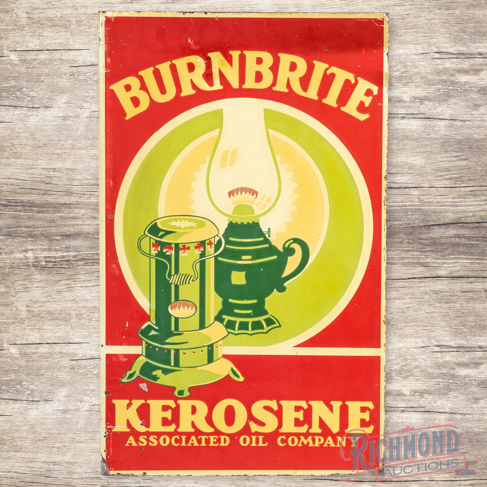 Rare Associated Oil Company Burnbrite Kerosene Double Sided Tin Flange Sign: Scarce DST (double sided tin) flange has good color and shine. Side #1 has areas with lower shine in the fields with paint chips, discoloration and toning in the outer fields and edges. The reverse ha
