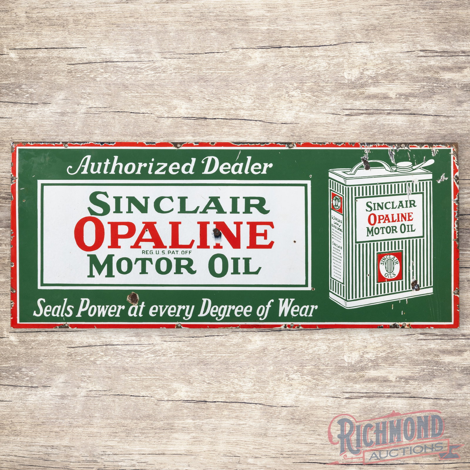 Sinclair Opaline Motor Oil Authorized Dealer 4' Single Sided Porcelain Sign w/ Early Can: SSP (single sided porcelain) sign has excellent color and gloss. The sign features classic Sinclair colors with a large early can in the right field. The display has chips with light surface wear and 