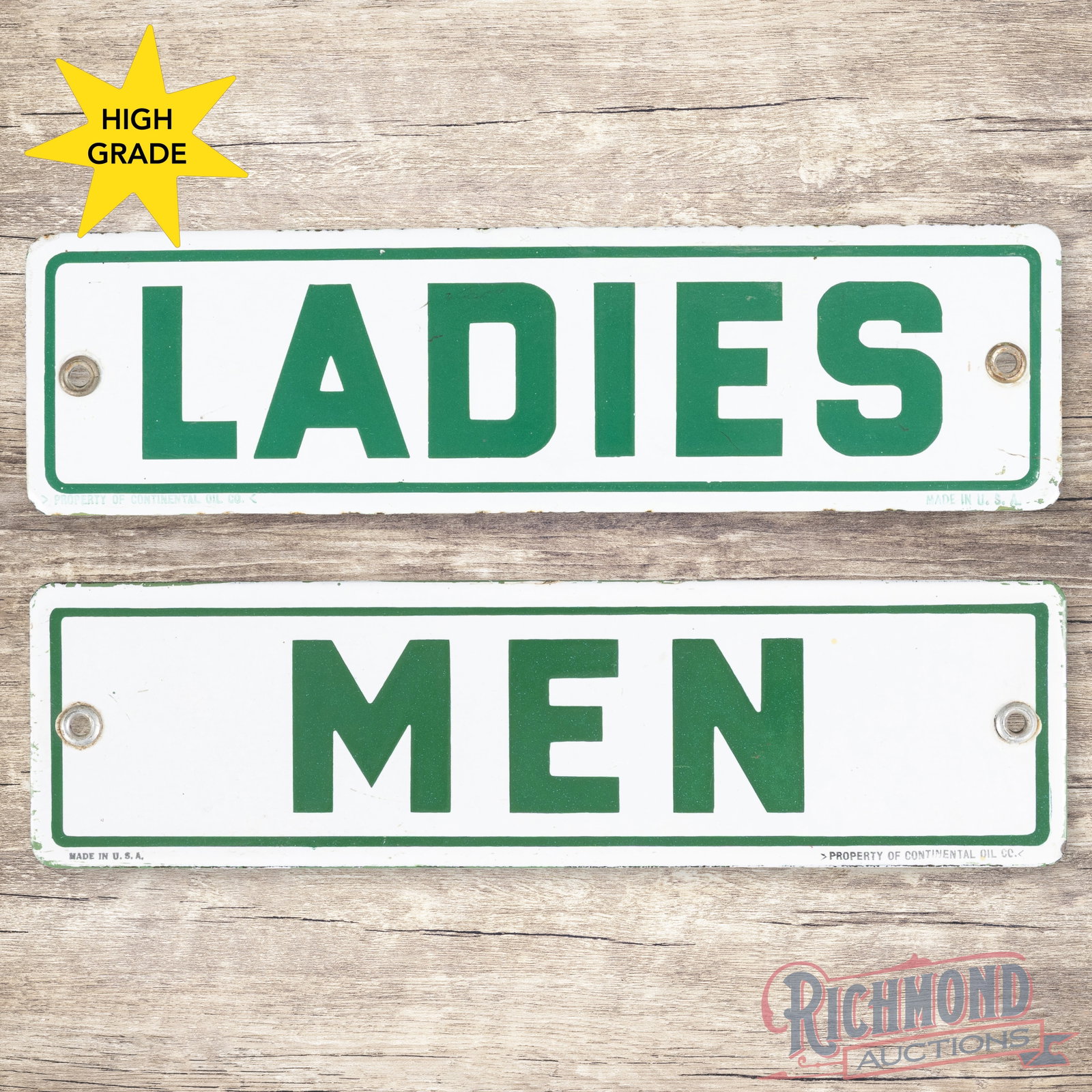 Continental Oil Company Conoco Men & Ladies Restroom Single Sided Porcelain Signs "Pair": SSP (single sided porcelain) restroom signs have excellent color and gloss. The "Ladies" sign has a clean field with light wear and tiny chips along the edges. The "Men" sign has a clean field with li