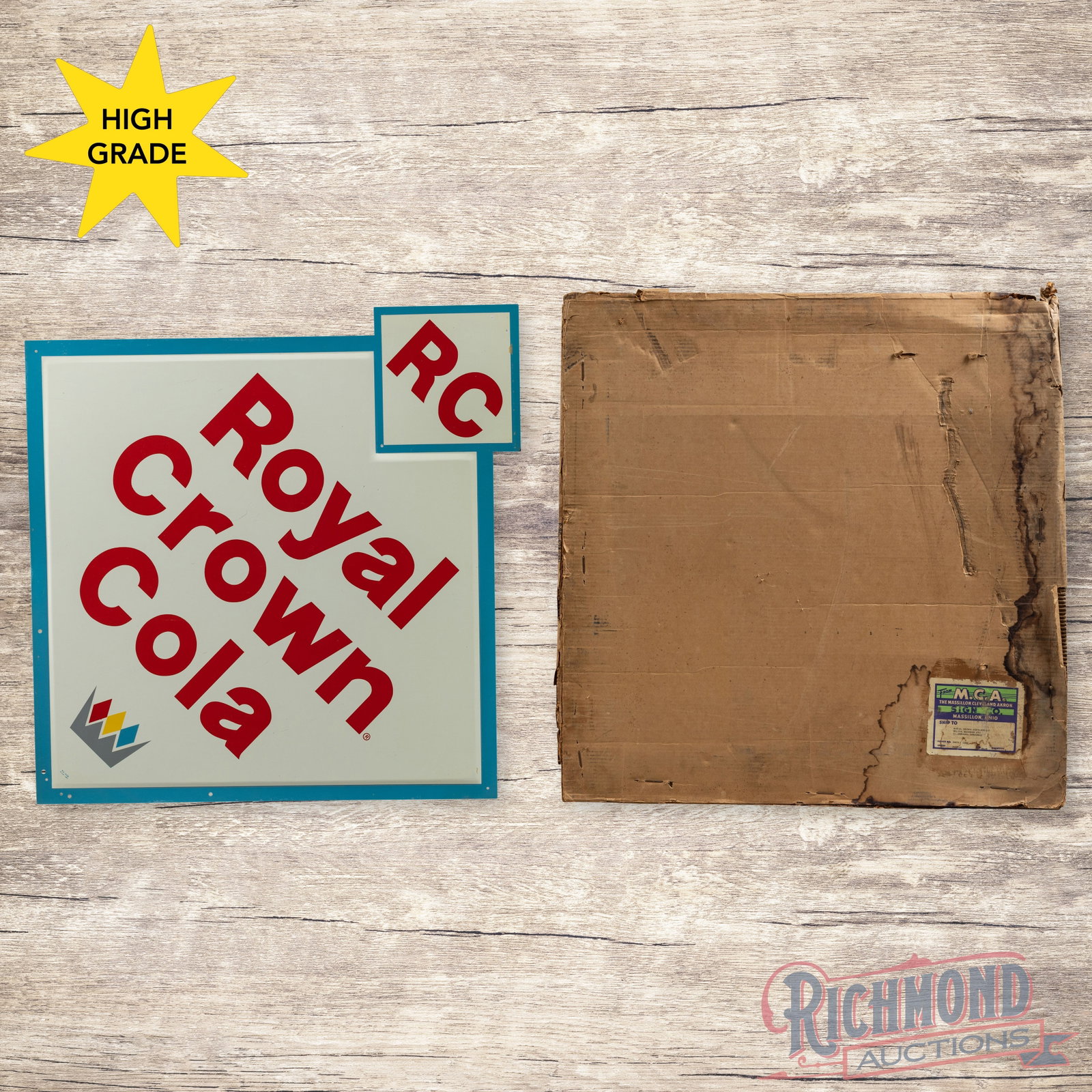 NOS RC Royal Crown Cola Diamond Single Sided Tin Sign w/ Crown Logo & Orig. Box: Amazing NOS (new old stock) SST (single sided tin) die cut sign with the original box has excellent color and shine. The sign has a clean field and perimeter with minor storage imperfections. The orig