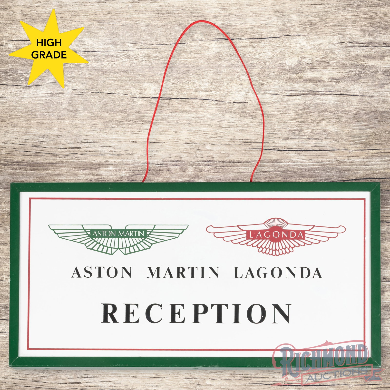 Rare Aston Martin Lagonda Reception Auto Dealer Double Sided Tin Sign w/ logo: DST (double sided tin) sign consists of two SST (single sided tin) signs mounted back to back in a metal frame. Side #1 has a clean field and perimeter with minor surface imperfections. The reverse ha
