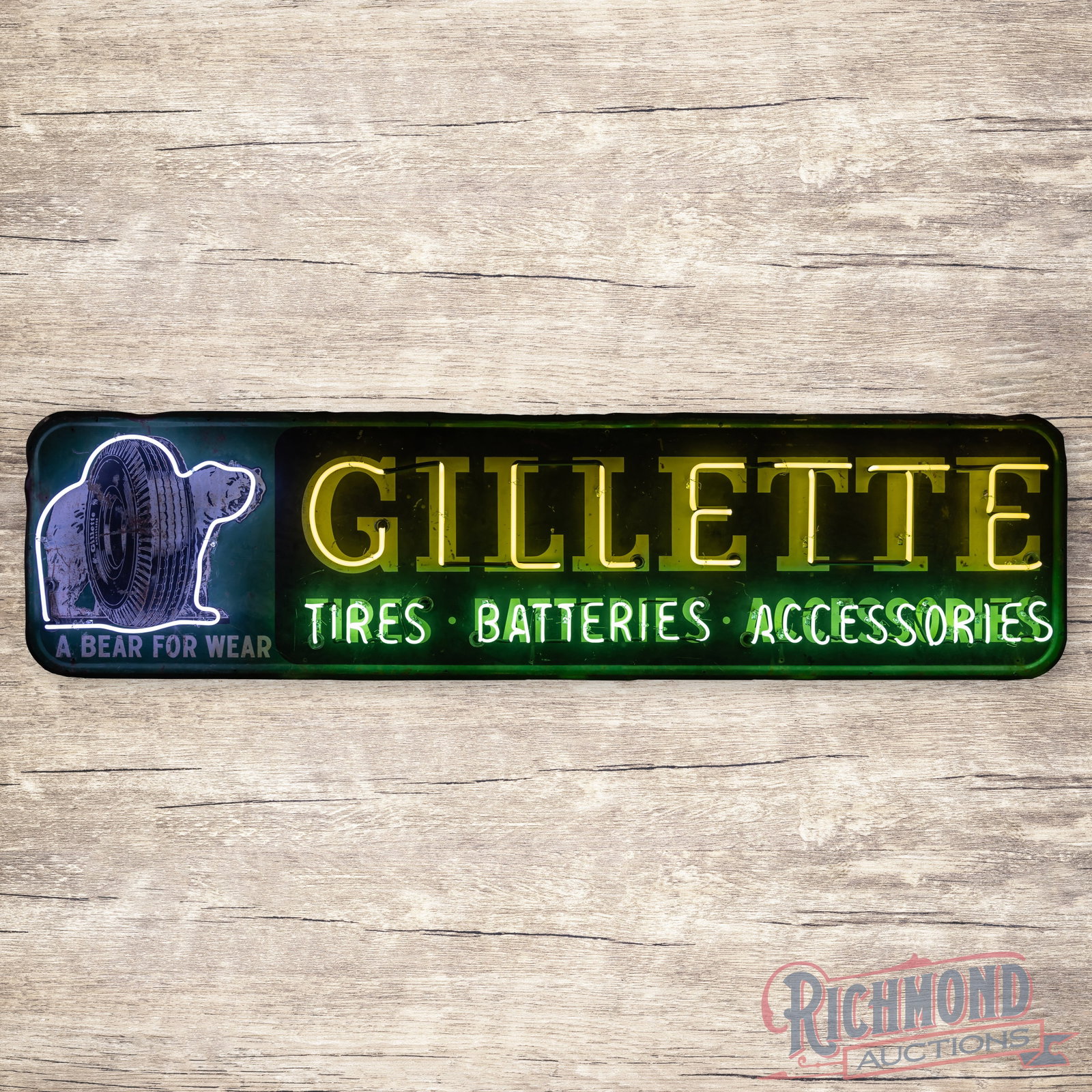 Gillette Tires Batteries Accessories "A Bear for Wear" 8' Single Sided Tin Neon Sign (1 of 4)