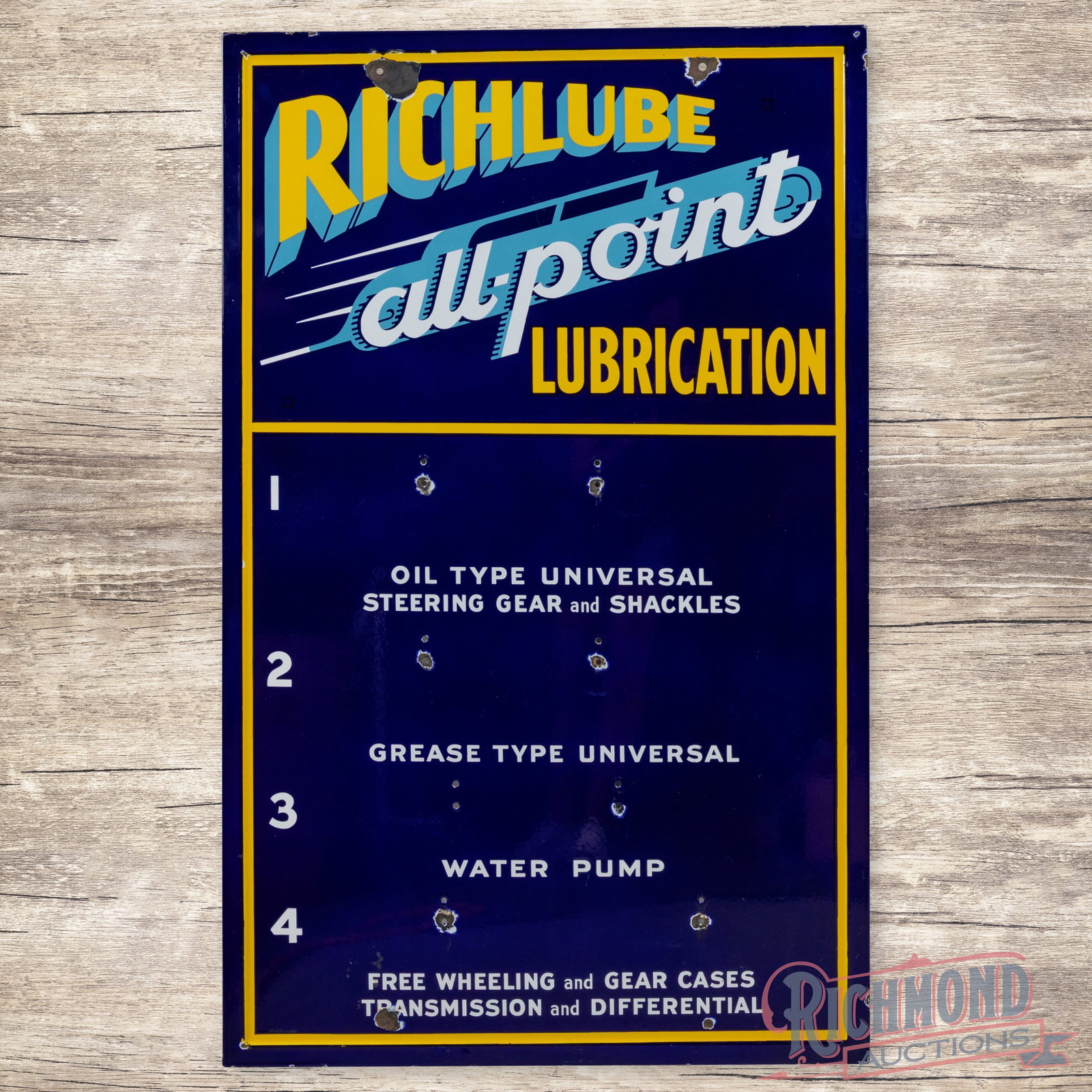 Richlube All Points Lubrication 48" Single Sided Porcelain Grease Gun Sign w/ Automobile (1 of 3)