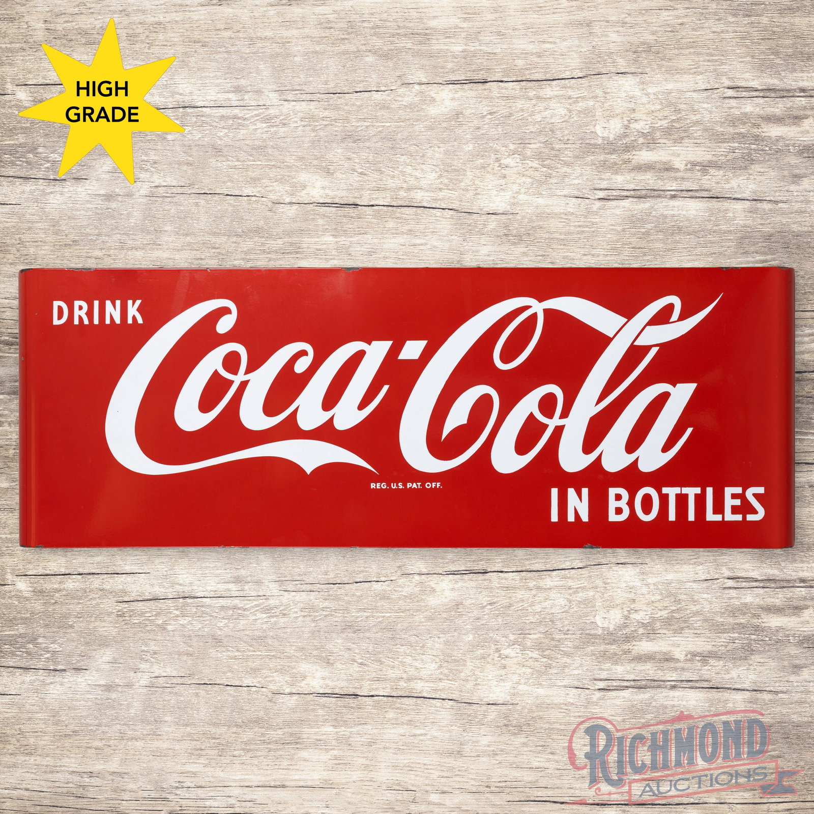 Drink Coca Cola in Bottles 6.5' Single Sided Porcelain Sled Sign: SSP (single sided porcelain) Coke sled sign has excellent color and gloss. The fields are clean. The perimeter has chips and light wear along the outer edges. Overall a clean example with vibrant colo