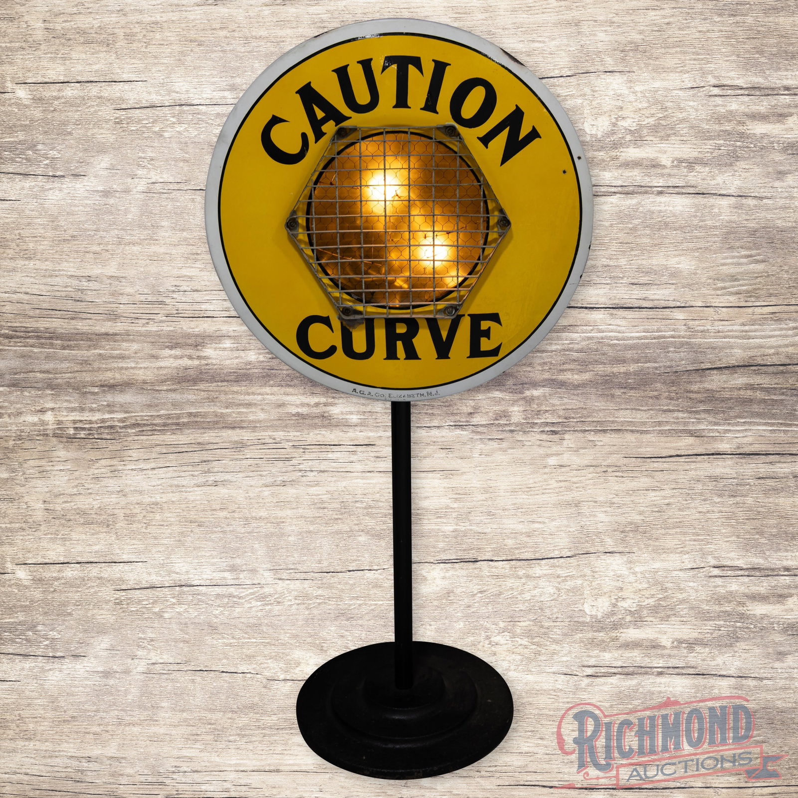 Caution Curve Lighted Highway Safety Beacon 30" Single Sided Porcelain Sign w/ Pole & Base (1 of 4)
